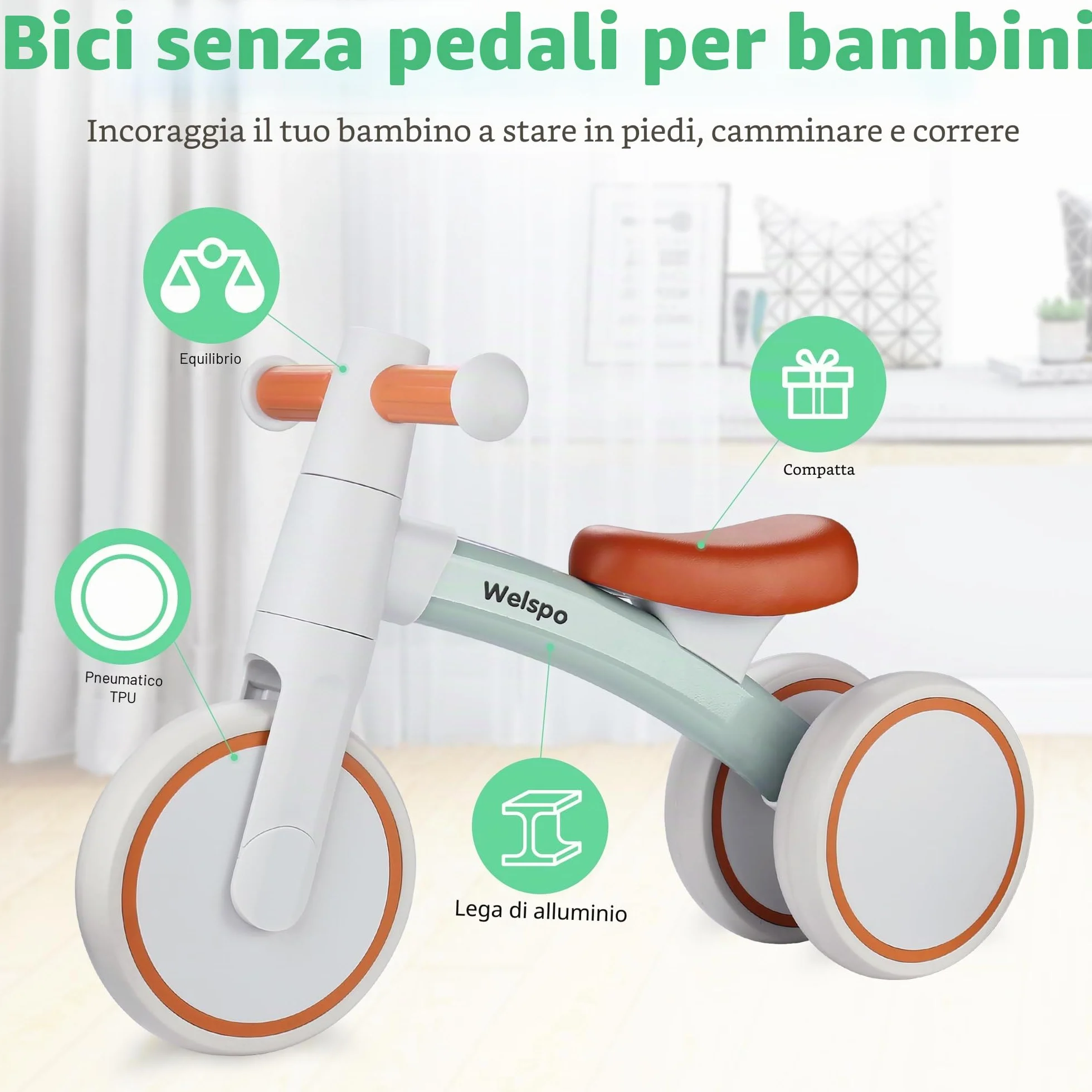 welspo Bicicletta da corsa per bambini a partire da 1 anno, per 12 – 24 mesi, giocattolo, prima bicicletta antiscivolo, per ragazzi e ragazze, come regalo (verde)