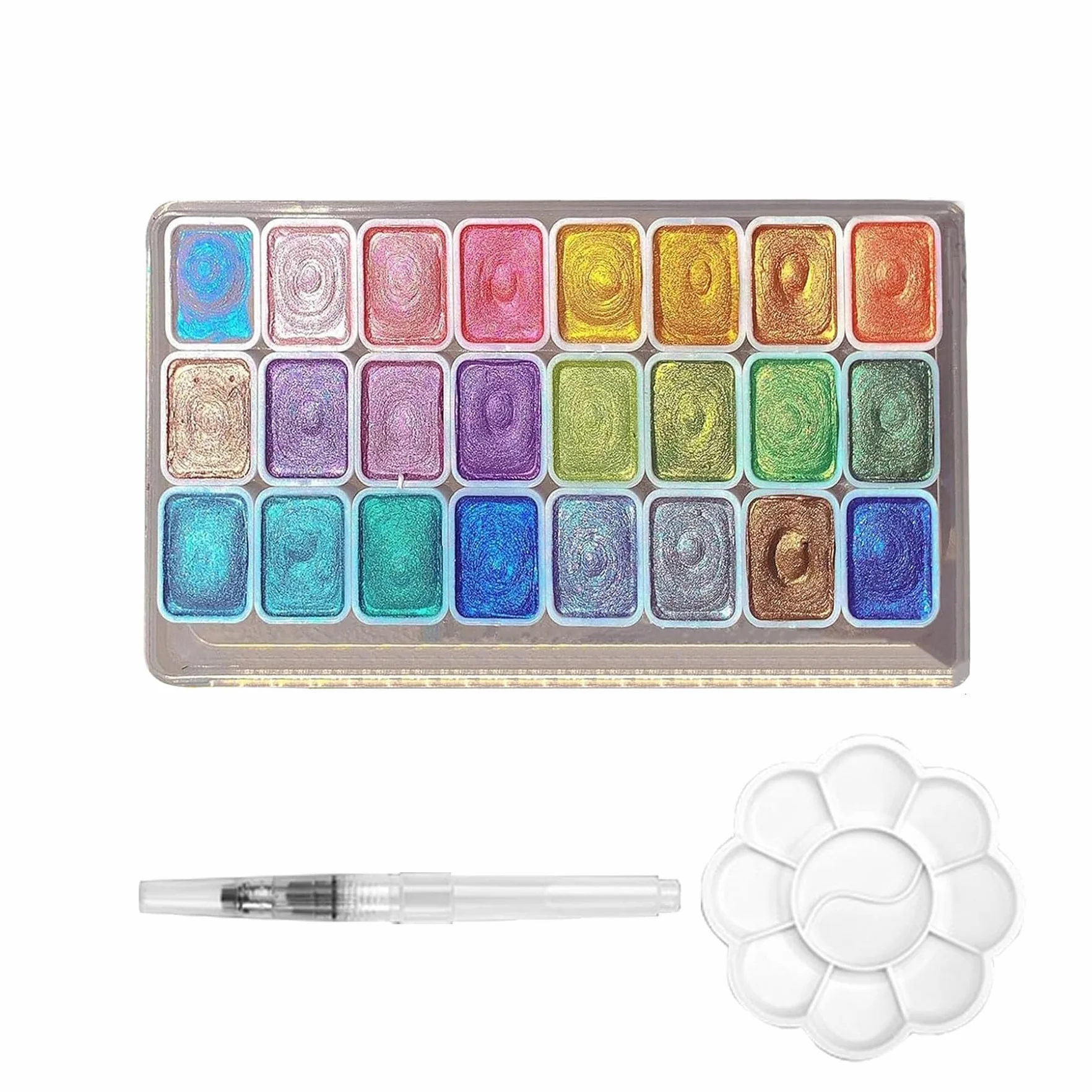 24 Colori Metallizzati Acquerelli, set Glitterati Acquerelli Professionali, Acquarelli per Dipingere Bambini Con Pennelli e Tavolozza, Idea per Principianti e Professionisti