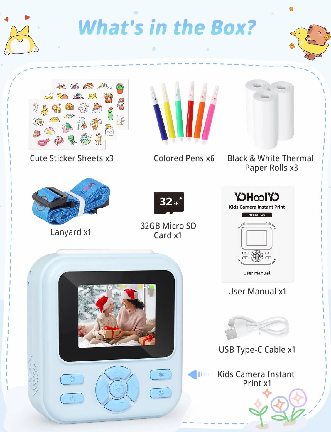 YOHOOLYO Macchina Fotografica Bambini Istantanea 2.4 Pollici, 1080P HD con scheda SD da 32GB, 6 penne colorate e 3 rotoli di carta da stampa, regalo per bambini da 3 a 14 anni-Rosa (Blu)