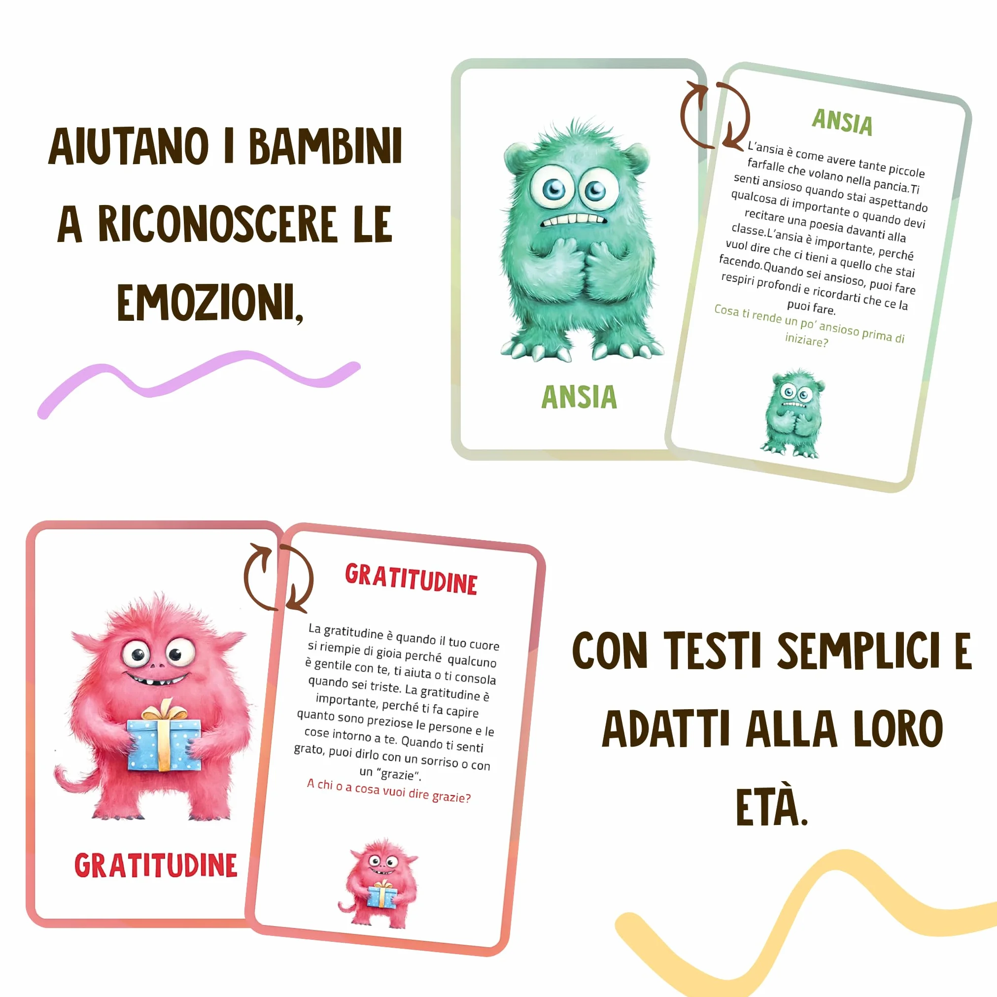 Carte delle Emozioni per Bambini – 40 Carte (32 Emozioni + 8 Extra) con Mini Giochi e Distintivi – Mostriciattoli delle Emozioni – Gioco Educativo per Intelligenza Emotiva – Lingua Italiana – Regalo