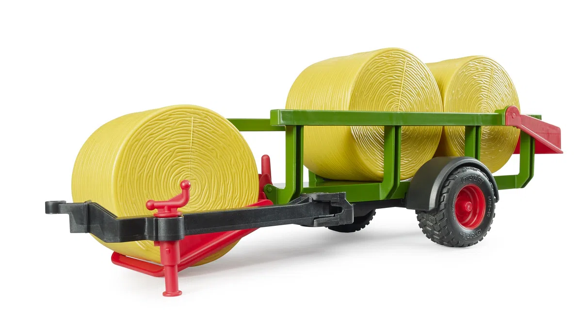 bruder 02204 - Raccoglitore di balle rotonde con 3 balle rotonde - Accessori per trattori, rimorchio per balle, fattoria, agricoltura, giocattoli