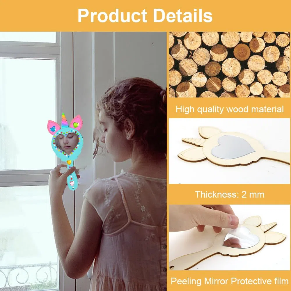 Unicorno Specchio in Legno Fai da Te 12 Pezzi Kit Lavoretti Creativi per Bambini Mini Specchio a Mano con Manico per Ragazze