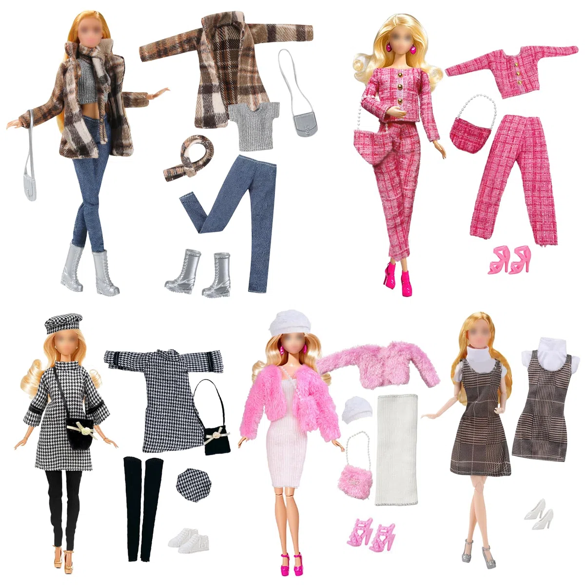 17 pezzi di abbigliamento e accessori per bambole da 11,5 pollici Compatibile con Barbie, nuovi vestiti per bambole 5 outfit alla moda a quadri con giacca e gonna 5 paia di scarpe 4 borse 2 cappelli 1