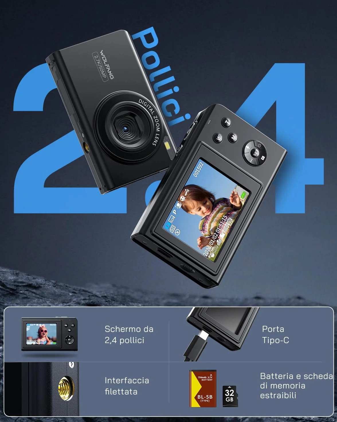 WOLFANG Fotocamera digitale, fotocamera per bambini da 2,7K, fotocamera compatta da 50MP, videocamera con zoom digitale 16x, zoom e scatto automatico, regalo per ragazzi