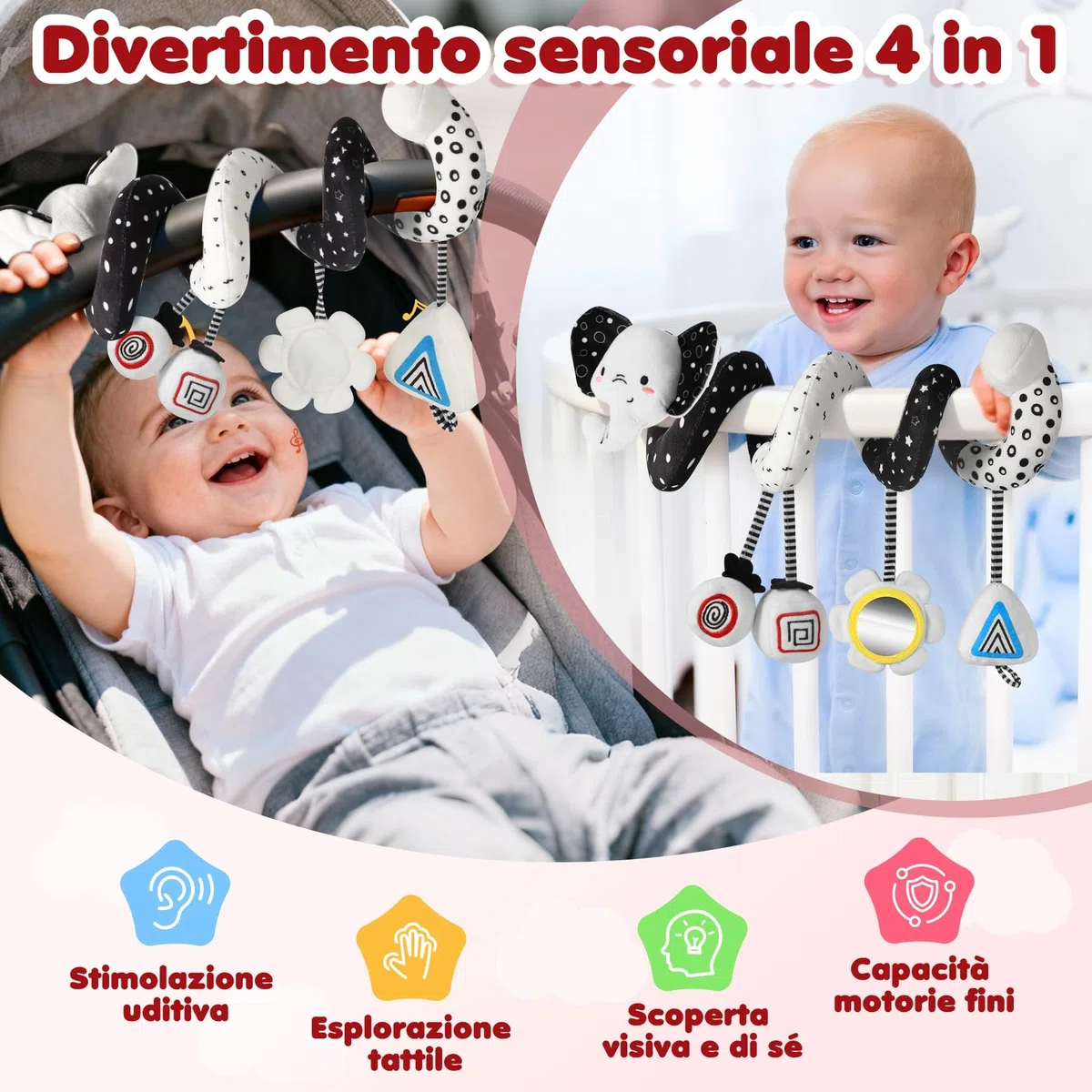 URMYWO Spirale Passeggino Neonato, Arco Giochi Neonato con attività Montessori Sensoriali, Pratico da Appendere a Passeggino Lettino e Seggiolino, Idea Regalo per Sviluppare Motricità 0-6 Mesi