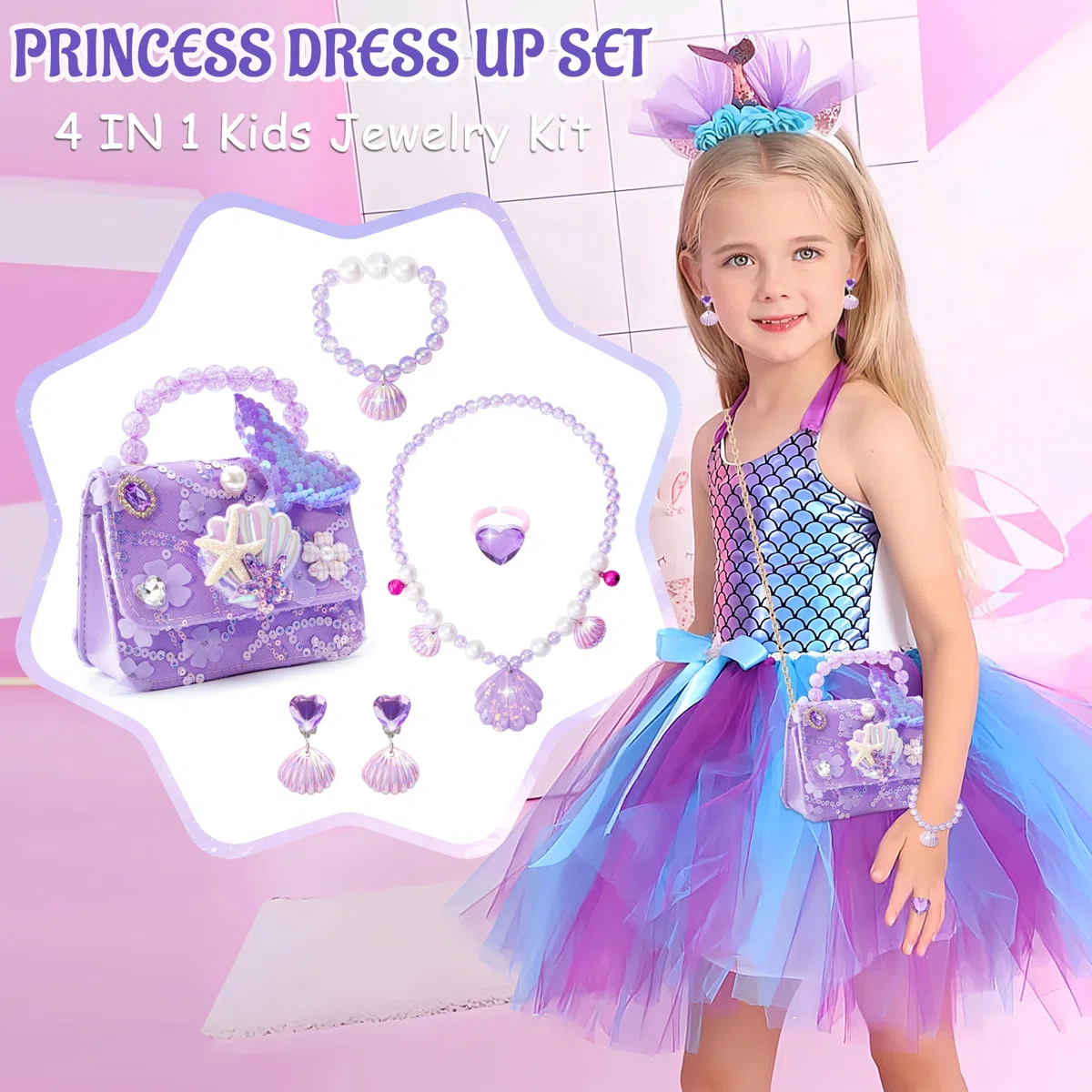 Borsa a Tracolla per Ragazze Tema Della Sirena Principessa Borsa Pochette con Il Set di Gioielli da Vestire Graziosa Piccola Portafoglio Collana Bracciale Orecchini Anelli per le Bambine, 3-7 Anni