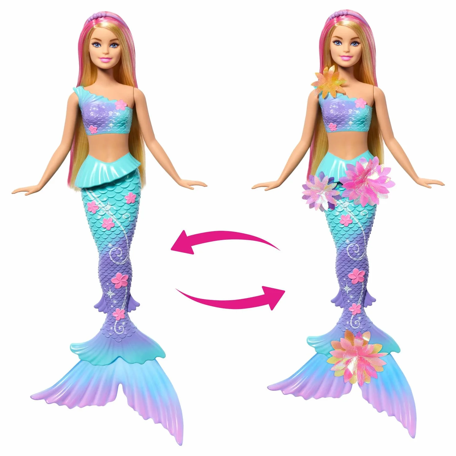 Barbie - Sirena Magia Floreale, bambola dai capelli biondi con coda sfumata e fascia con perle, magica sorpresa e fiori che sbocciano inclusi, giocattolo per bambini, 3+ anni, JDM72, Viola