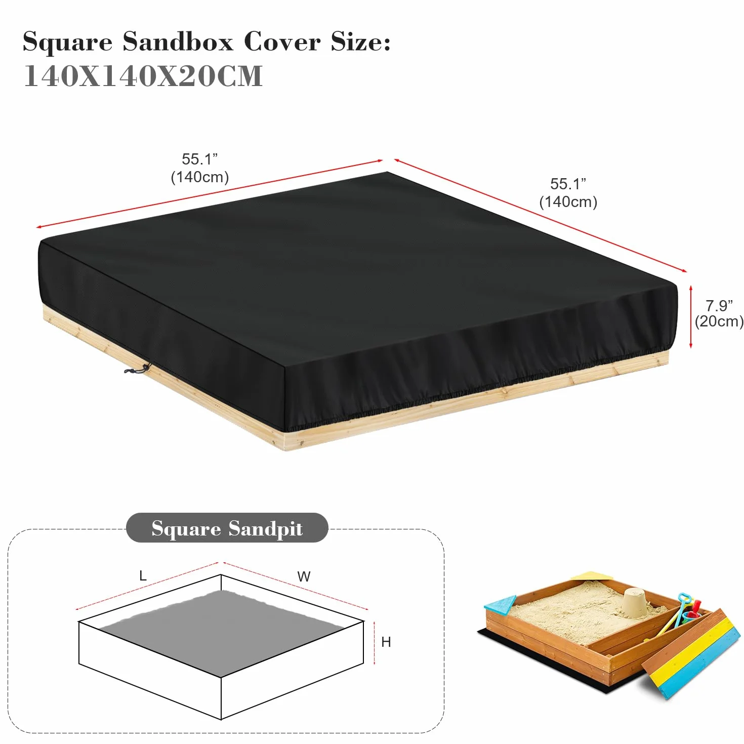 LAMUNI Copertura Sabbiera Esterno 140x140x20cm Telo Copertura per Sabbiera Impermeabile Copertura per Sandbox, Coperture Protettiva per Sabbiera Piscina Giardino in Tessuto Oxford 420D Antivento