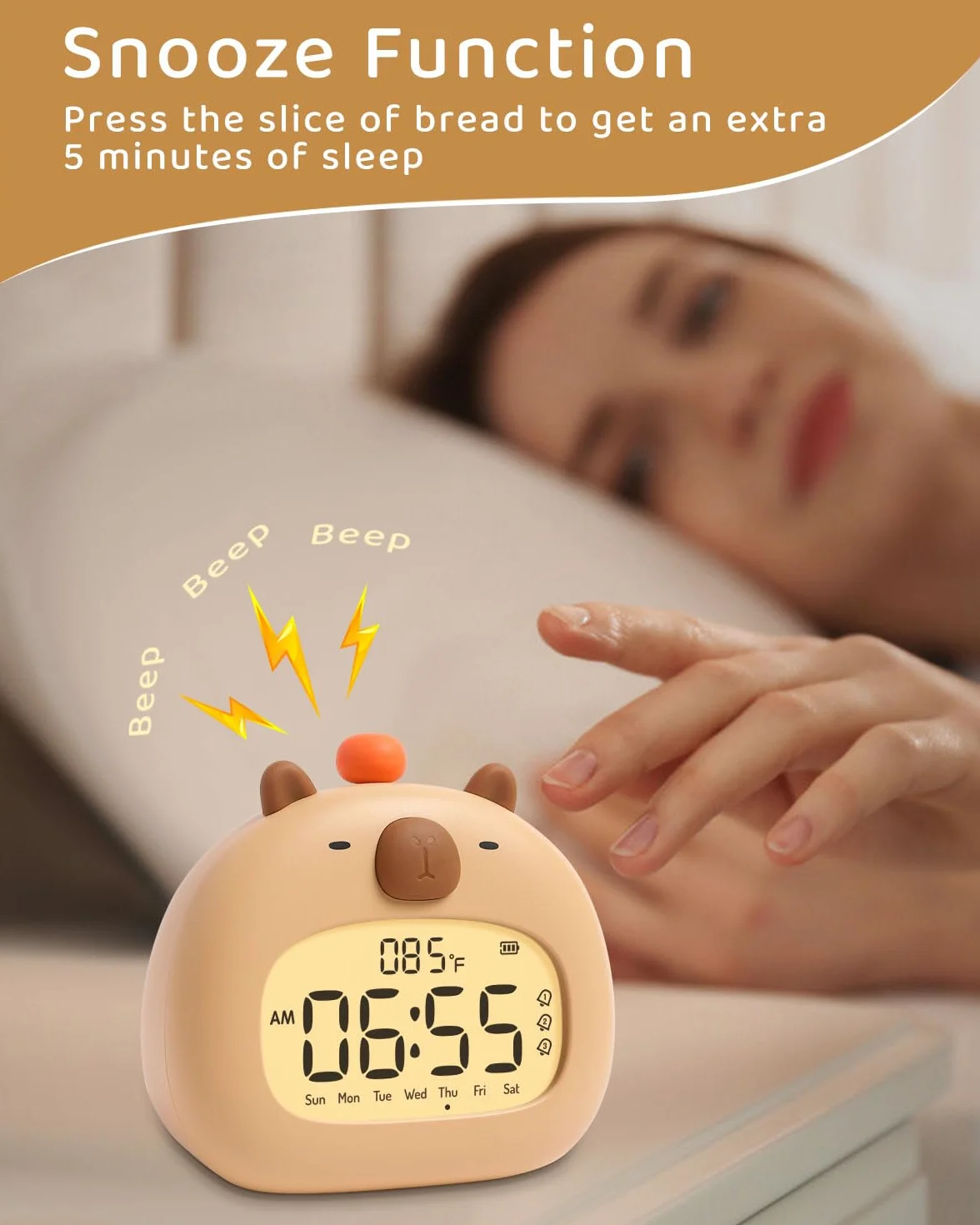 IHALO Capibara Sveglia Bambini, Comodino con Luce Notturna, Display Digitale LED 3,15 Pollici, Tre Allarme, Modalità Weekend, Data, Ora, Temperatura, Ricaricabile, Decorazione Cameretta per Bebè
