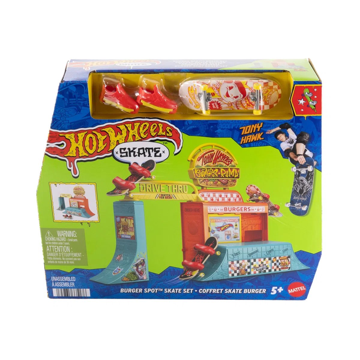 Hot Wheels Skate - Burger Spot, set da skateboard con rampa e corrimano staccabili, un fingerboard e un paio di scarpine da skate incluse, giocattolo per bambini, 5+ anni, JHV83