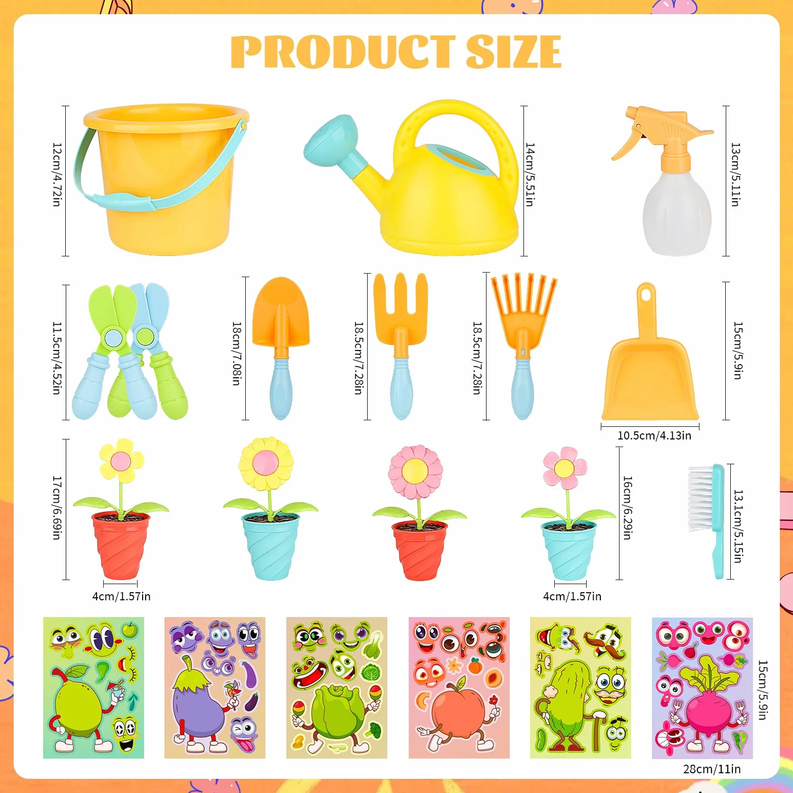 24 Pezzi Giochi per Bambini con Adesivi, Set di Giardino per Bambini, Annaffiatoio, Pala, Rastrello