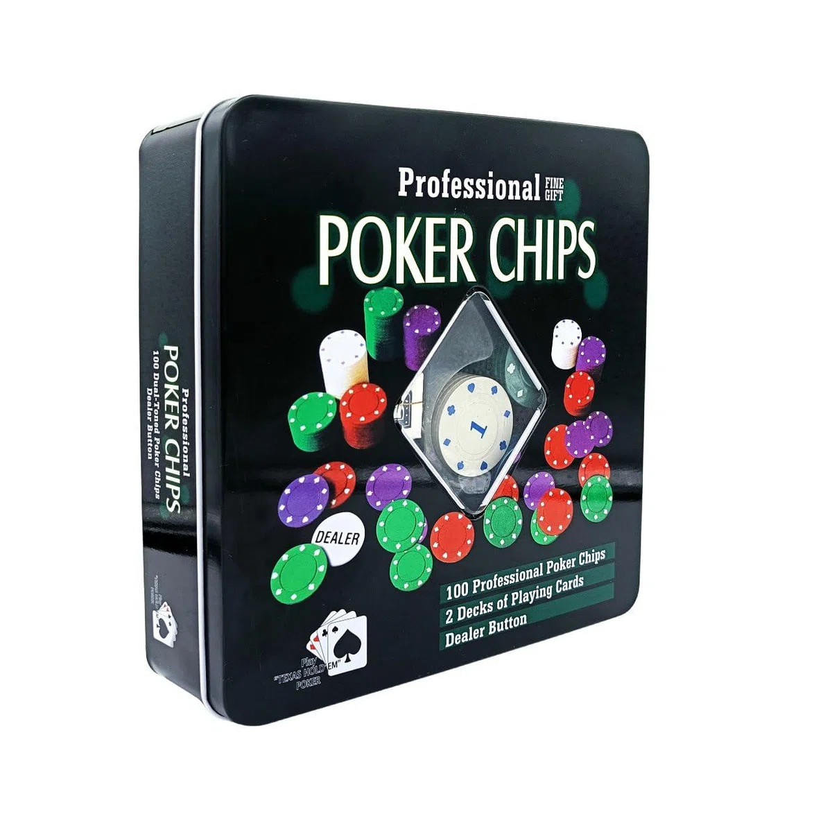 Set da Poker con Scatola in Metallo, 100 Fiches, 2 Mazzi di Carte, Fiches Dealer
