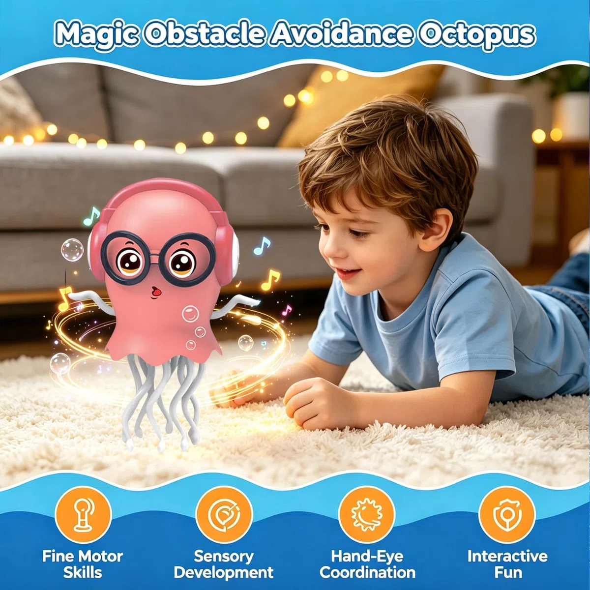 HUIZHOU Polpo Danzante Interattivo 3D con Musica e Luci LED Colorate, Movimento Intelligente, Giocattolo Educativo per Bambini 3+ Anni, Natale e Compleanno (Rosso)