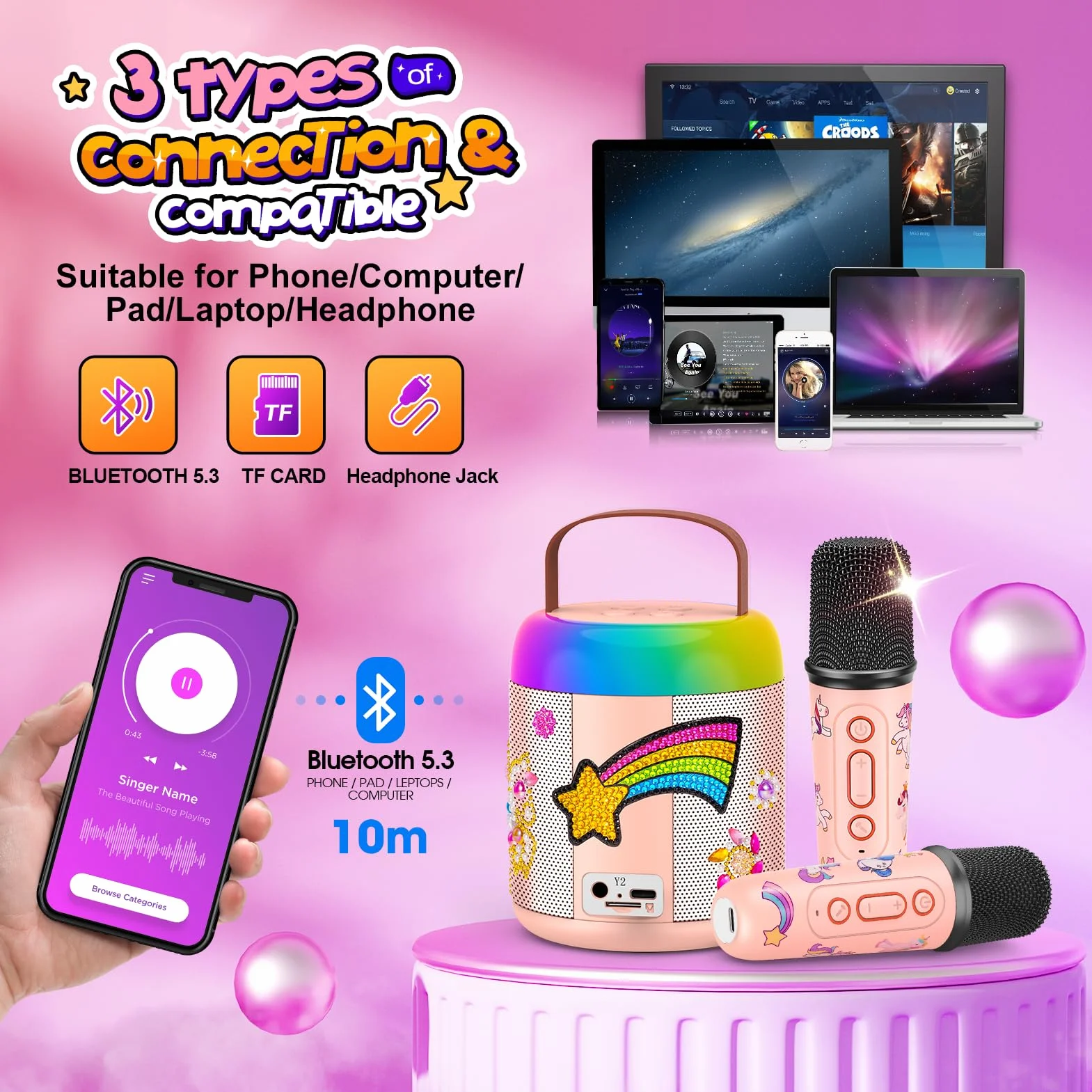 Microfono Bluetooth Karaoke bambino 3-12 Anni Giochi Regali Unicorno