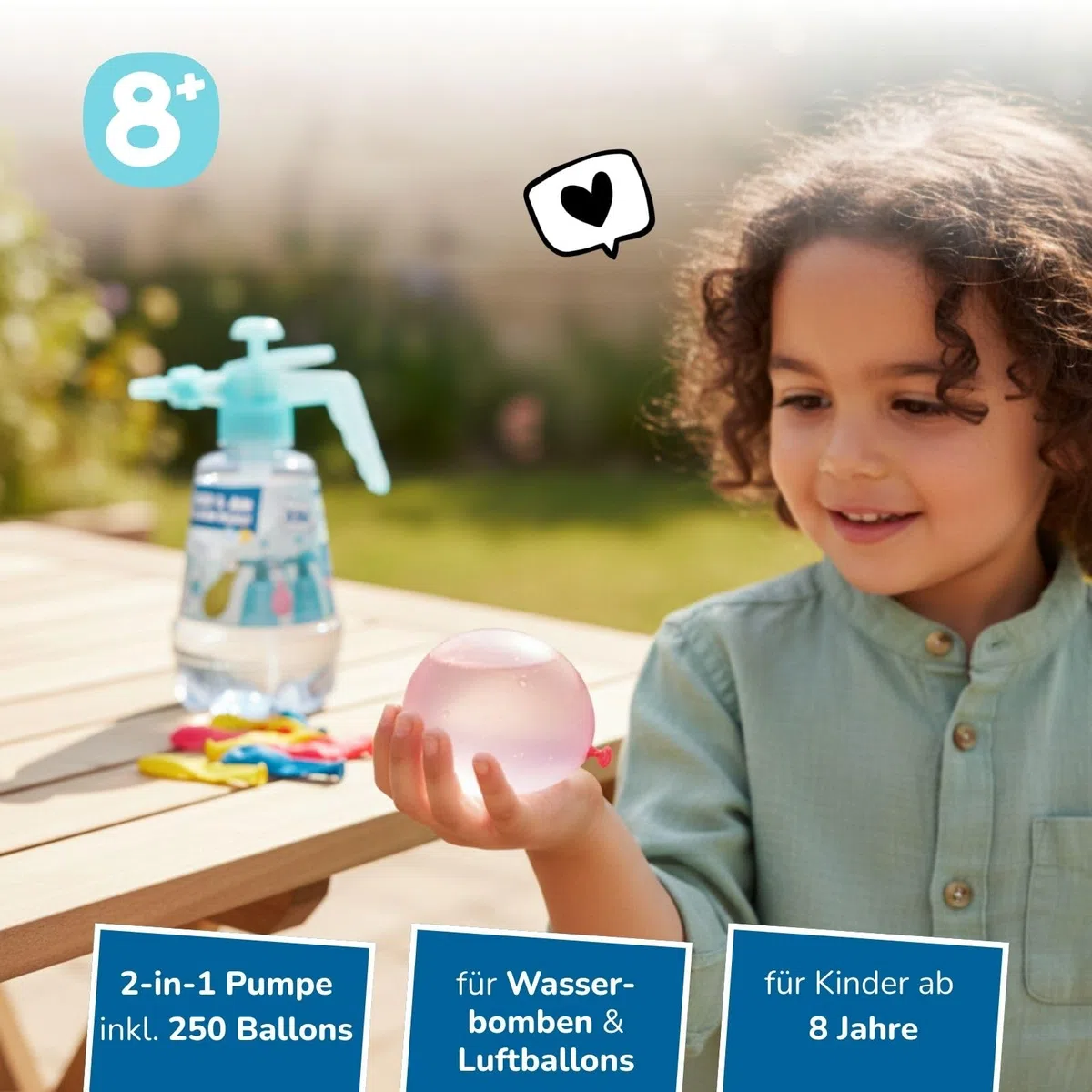 alldoro 60200 Pompa per bombe ad acqua o palloncini, per bambini a partire dagli 8 anni - Riempitore per palloncini con serbatoio da 1,5 l, aiuto per nodi e 250 palloncini
