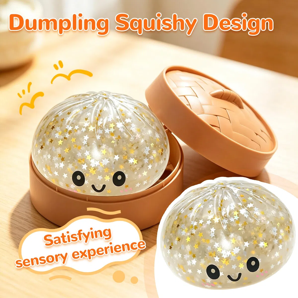 Glittere Dumpling Squishys, 9cm Squishys Dumpling con Vaporiera, Divertente Giocattoli Sensoriali, Antistresse Fidget Toys, Compleanno e Pasqua Regalos (Bianco B)