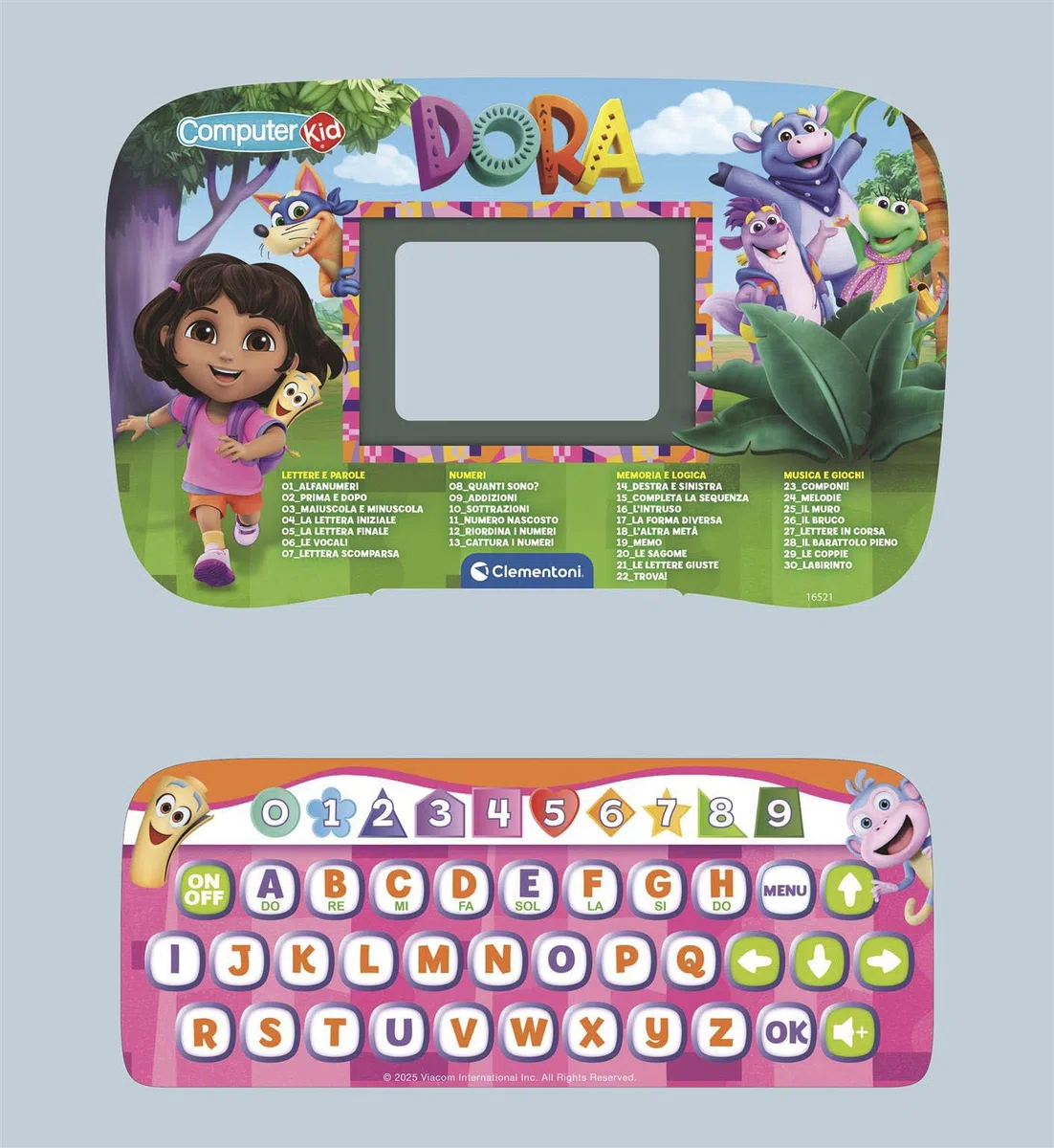 Clementoni - Computer Kid Dora Laptop Educativo Bambini 4+ Anni, 30 attività Educative per Imparare Lettere, Numeri, Parole, Logica e Musica, Lingua Italiana, 16521