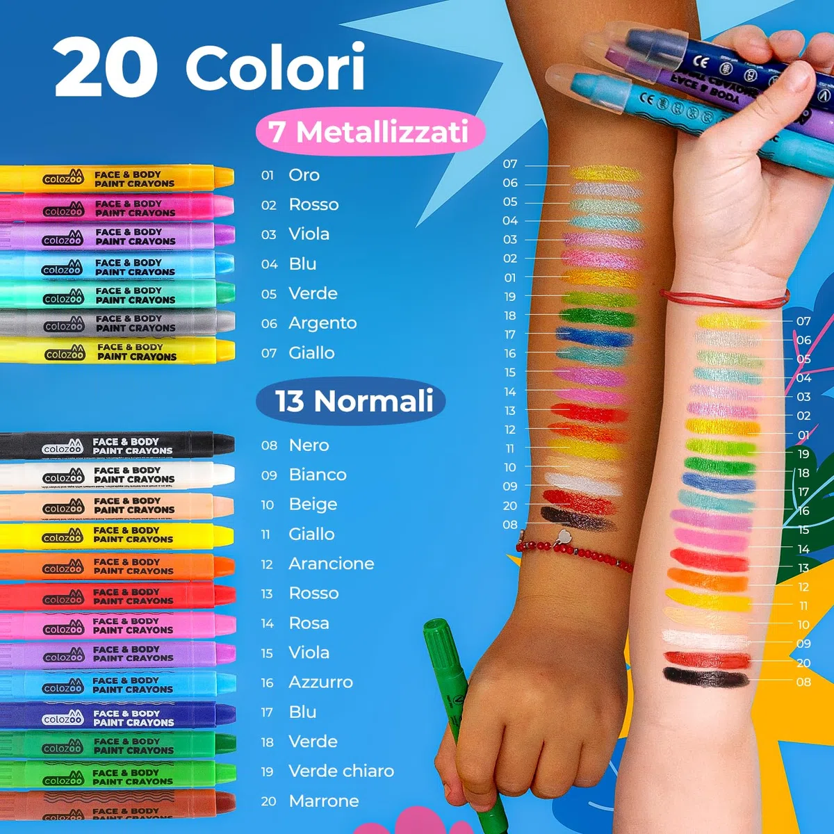 Kit di matite trucco Colozoo 20 colori per bambini | Pittura viso con pennelli e stencil | Trucco bambini, pittura pancione, trucco carnevale, matite trucco viso, make-up bimbi sicuro