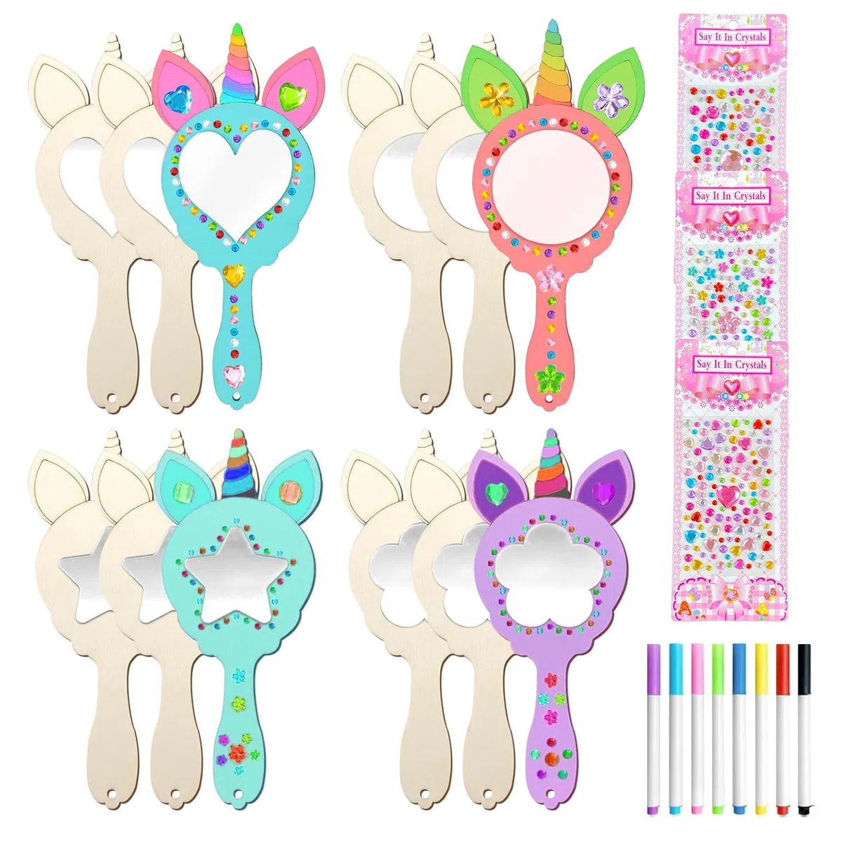 Unicorno Specchio in Legno Fai da Te 12 Pezzi Kit Lavoretti Creativi per Bambini Mini Specchio a Mano con Manico per Ragazze