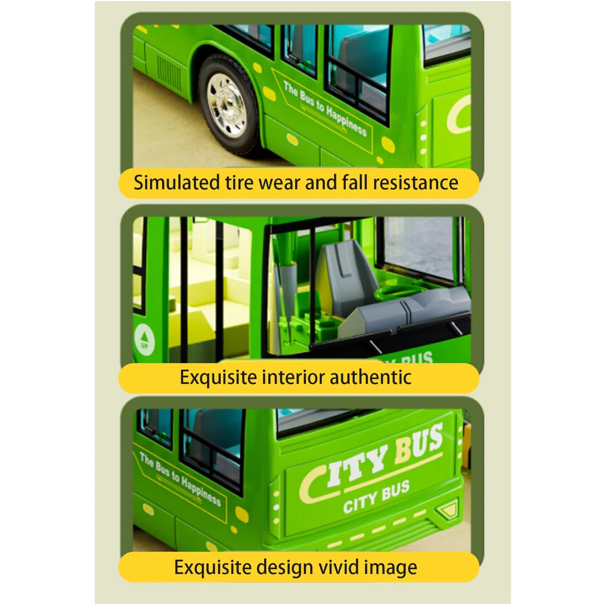 Autobus urbano elettrico, veicolo giocattolo di grandi dimensioni, modello a batteria da 12 pollici con musicali, materiale acrilico robusto, accessorio per bambini con design di porte apribili,