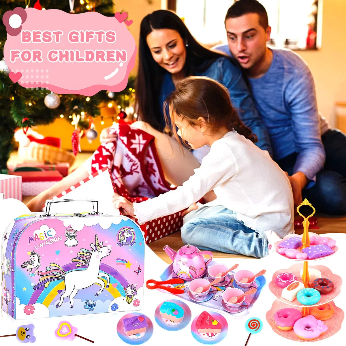 ENCOUN 48PCS Set da Tè per Bambini, Accessori Cucina Bambini, Set da Tè in Latta, Servizio da tè e Valigia Unicorno, Tea Party Finta di Giocare Unicorno Compleanno Regalo per Bambina 3 4 5 6 7 Anni