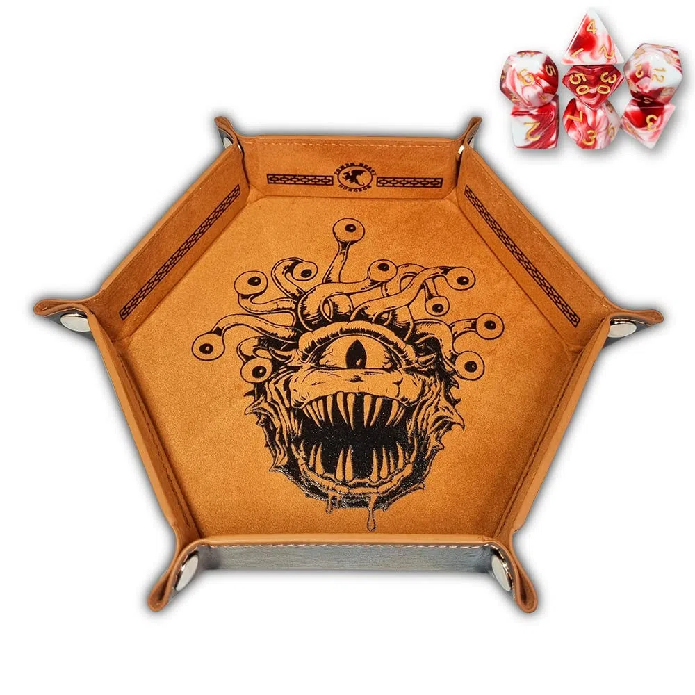 Dungeon Beholder Tappetino per rollare i dadi, vassoio per dade + set di poliedrici 7 pezzi, Dungeons and Dragons, Dungeon Master, RPG.