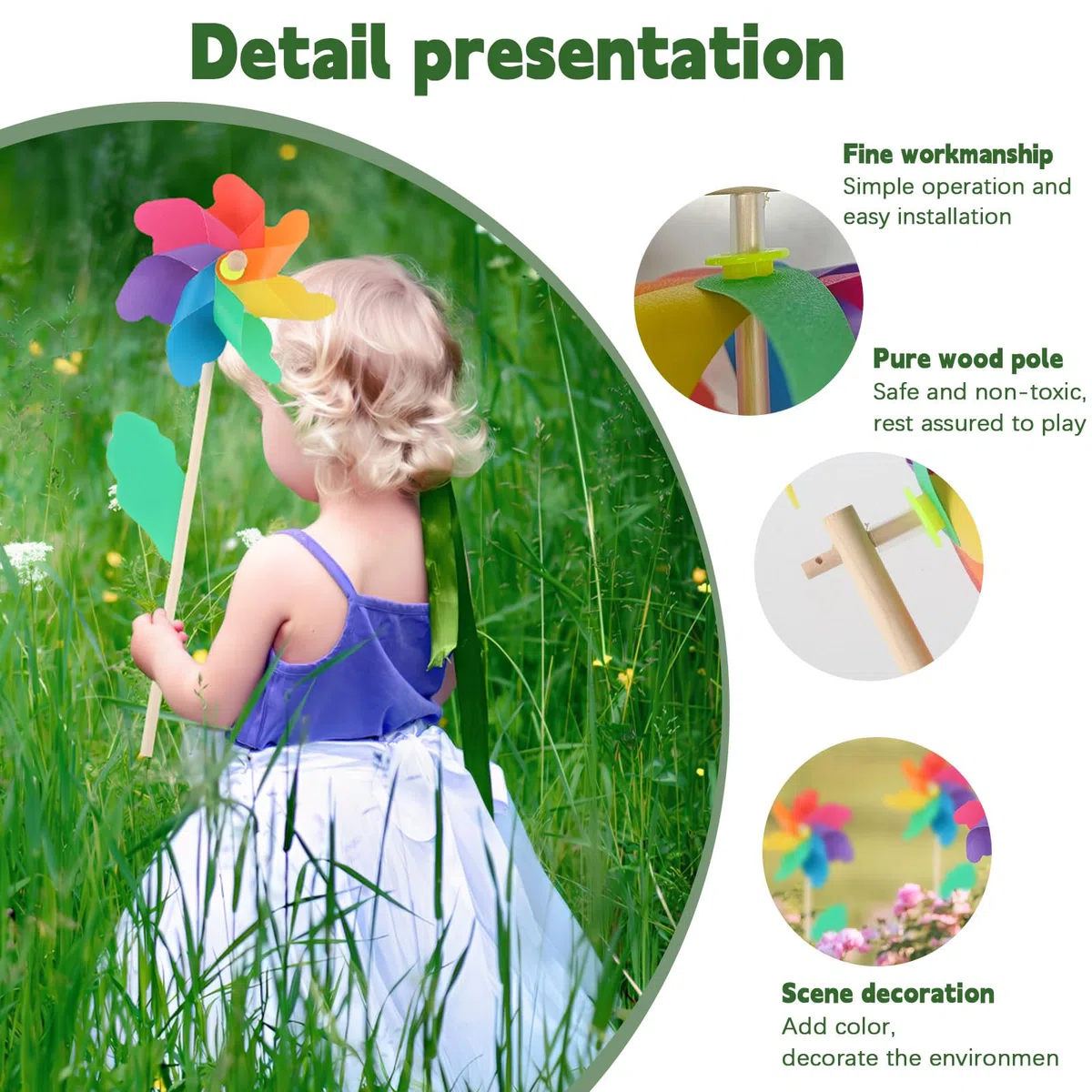 Girandola a Vento, Dwafill 4 Girandole Bambini, Palo In Legno 40 Cm, Foglie Vento Colorate, Segnavento da Giardino, per Spiaggia, Parco, Campeggio, Balcone, Estate (4)