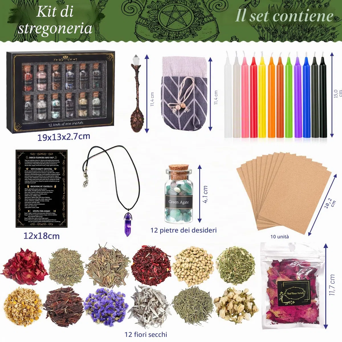 MULEVIP Oggetti Kit 52 Pezzi Forniture per Stregoneria, per la Preghiera, Bottiglia dei Desideri di Cristallo, Fiori secchi, Materiali Medicinali, ,Incantesimi, Magia