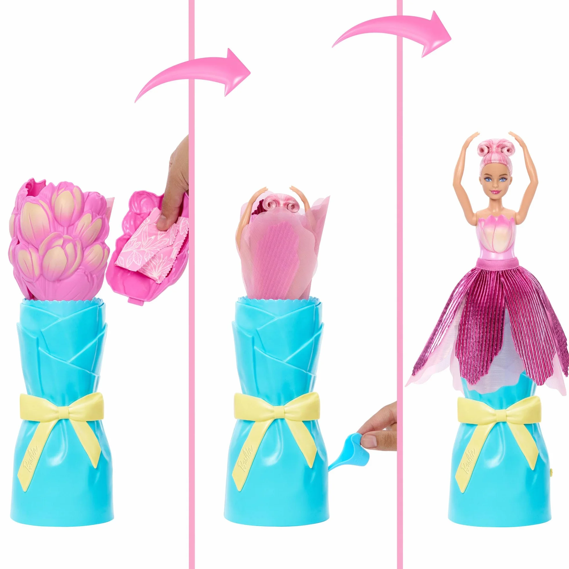 Barbie Petal Pop, bambola profumata con abito tulipano rosa e accessori, sorpresa bouquet con coniglietto e accessori come annaffiatoio, collana e orecchini, JMF57