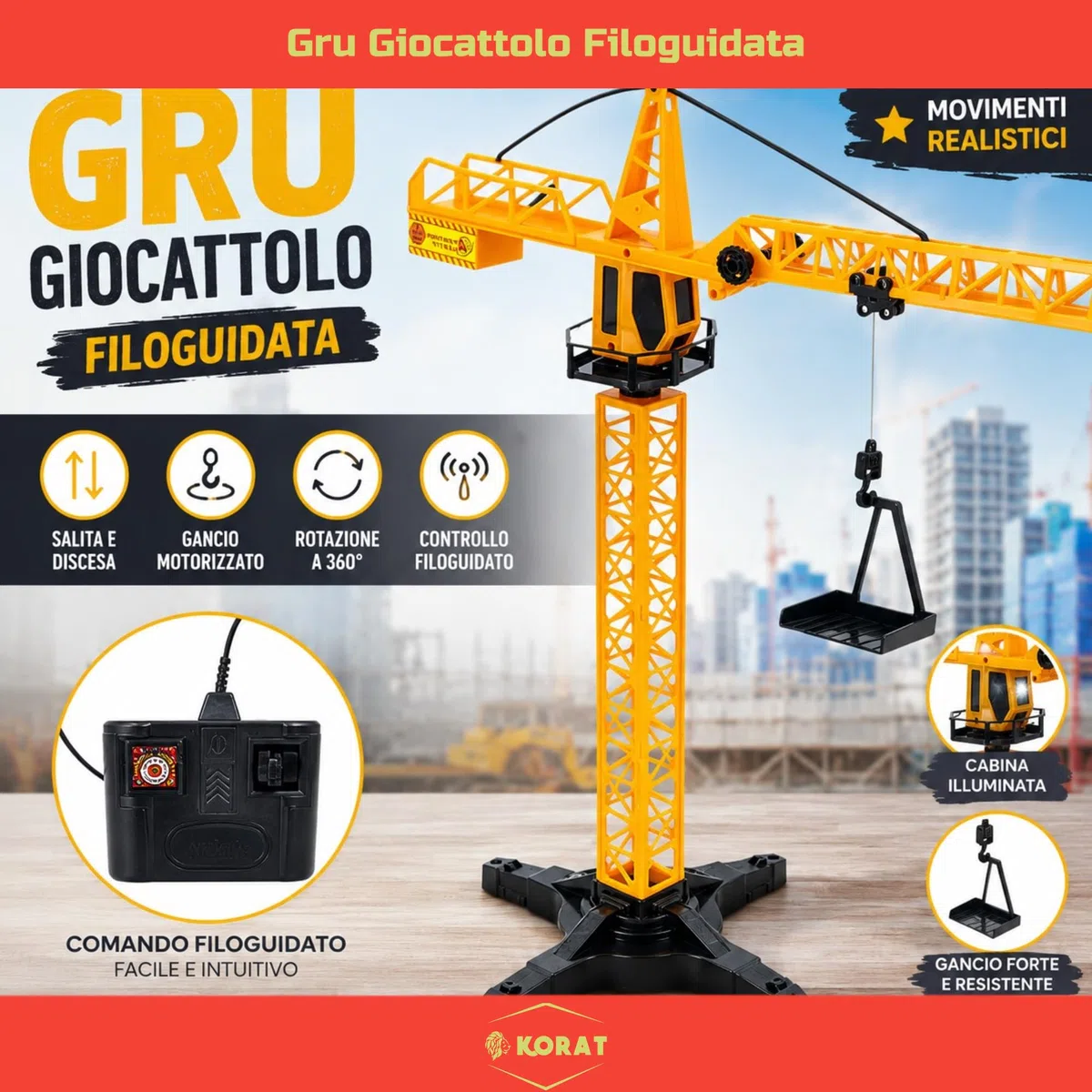 KORAT Gru Giocattolo Filoguidata 60 cm per Bambini, Rotazione 360°, Telecomando a Filo, Gancio Mobile e Accessori Inclusi Gioco Educativo per Coordinazione e Fantasia 3+ Anni