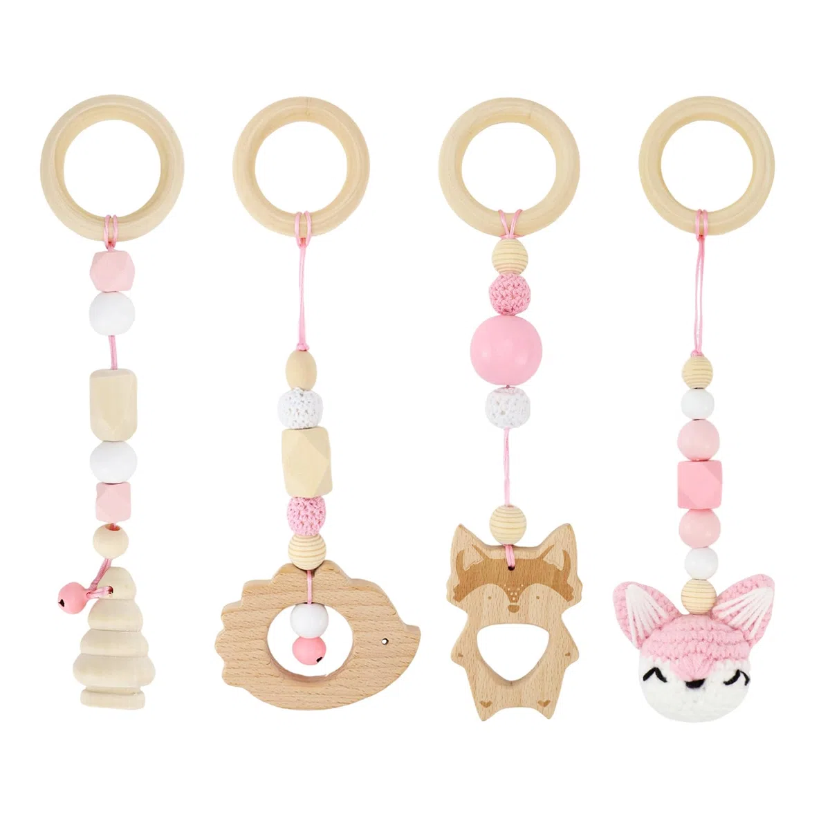 BINYI 4 Pezzi Palestrina Neonato Montessori Arco Giochi per Passeggino da Appendere Giocattoli di Legno per Bambini Pieghevole Gioco Auto Neonato Baby Gym con Ciondolo in Legno (Rosa)