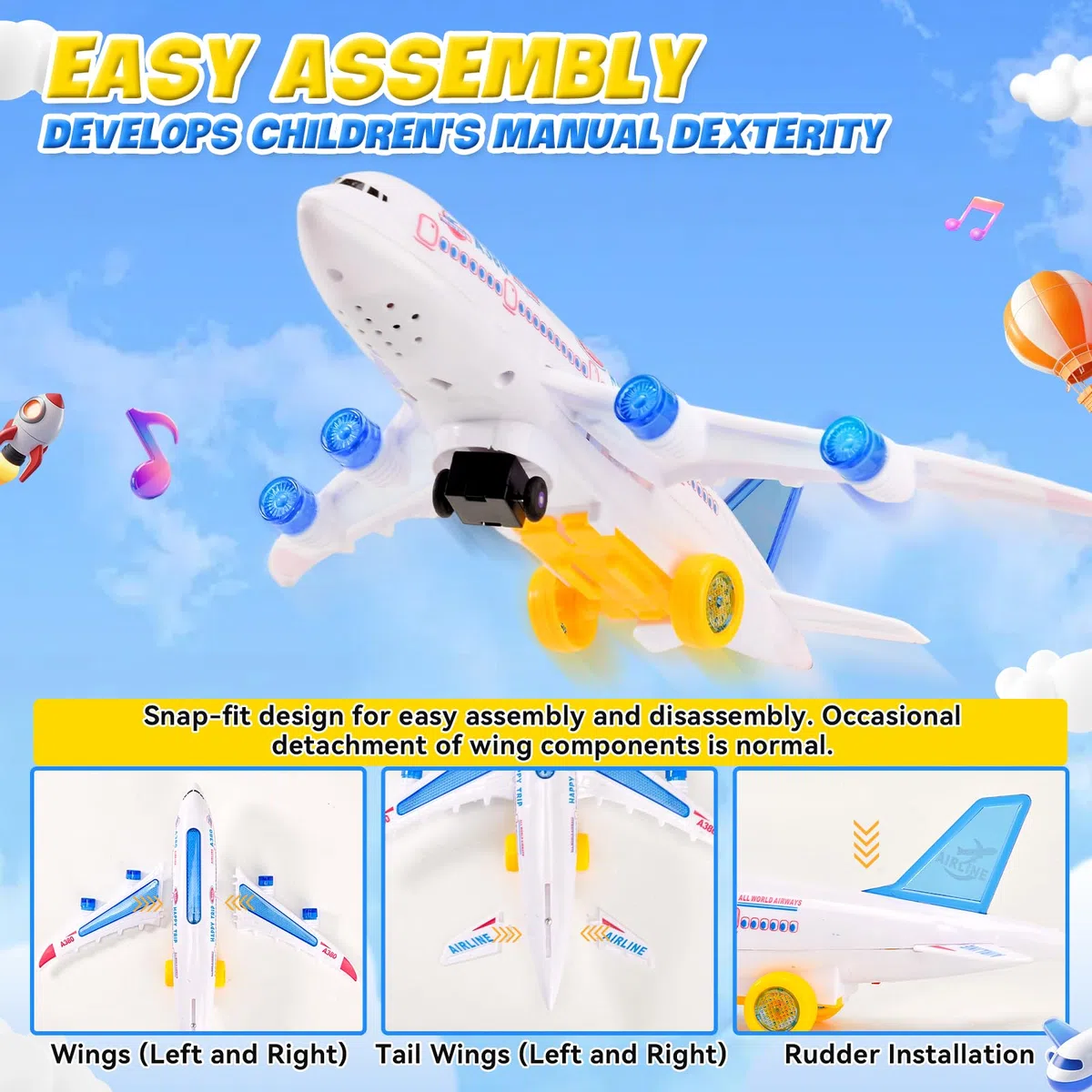 Aereo Giocattolo con Luci LED e Suoni di Decollo Realistici, Funzione Bump and Go, Aeroplano Giocattolo, Ragazzi e Ragazze dai 3 Anni in Su (30cm)