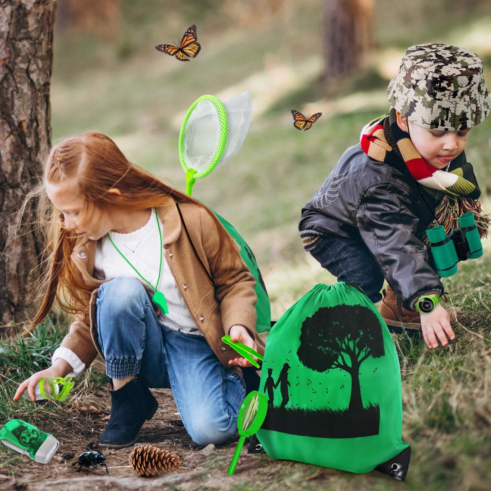 Set da esplorazione per bambini, con zaino, cappello e binocolo, giocattolo da esterno per bambini, ragazze e ragazzi