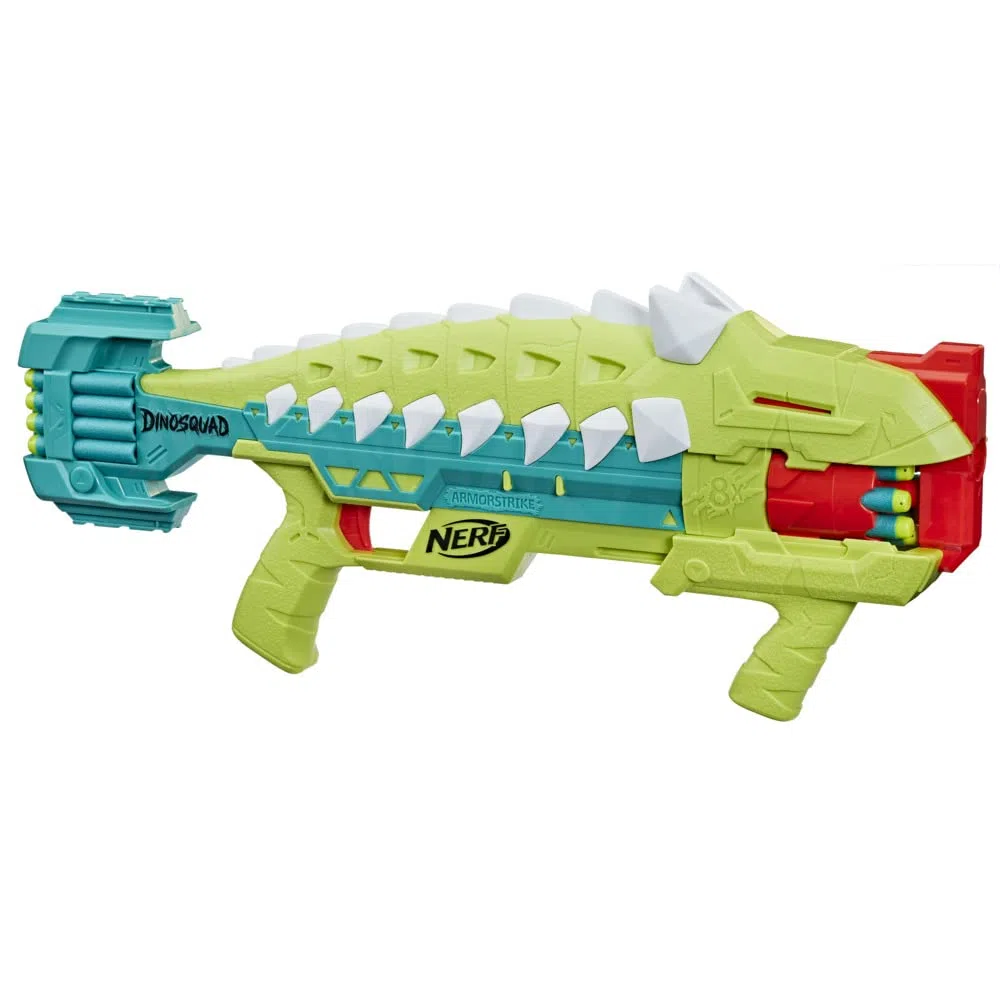 Nerf, blaster DinoSquad Armorstrike, tamburo rotante da 8 dardi, impugnatura sganciabile, 16 dardi Nerf Elite, design da anchilosauro