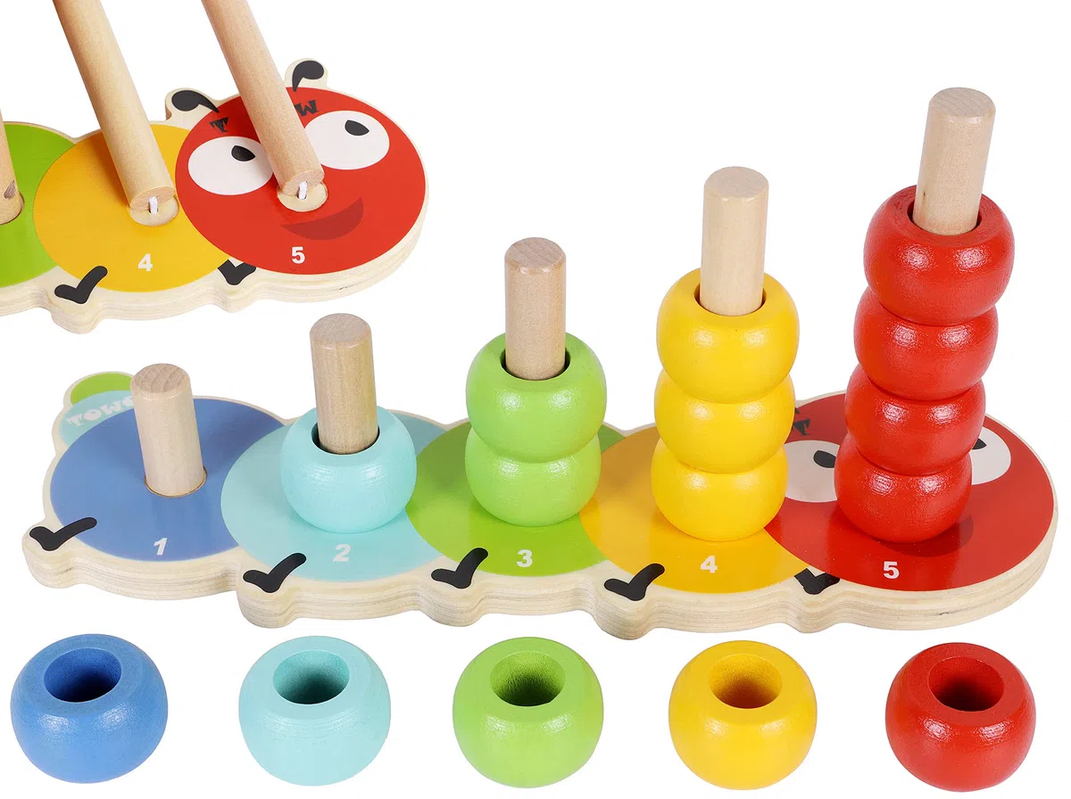 TOWO Anelli impilabili in legno Baby–Adorabile tavoletta impilabile dal design - Puzzle di smistamento del colore - 5 pioli Impilatore-Early Learning Giocattoli in legno per 1 anno di regalo Ragazzo