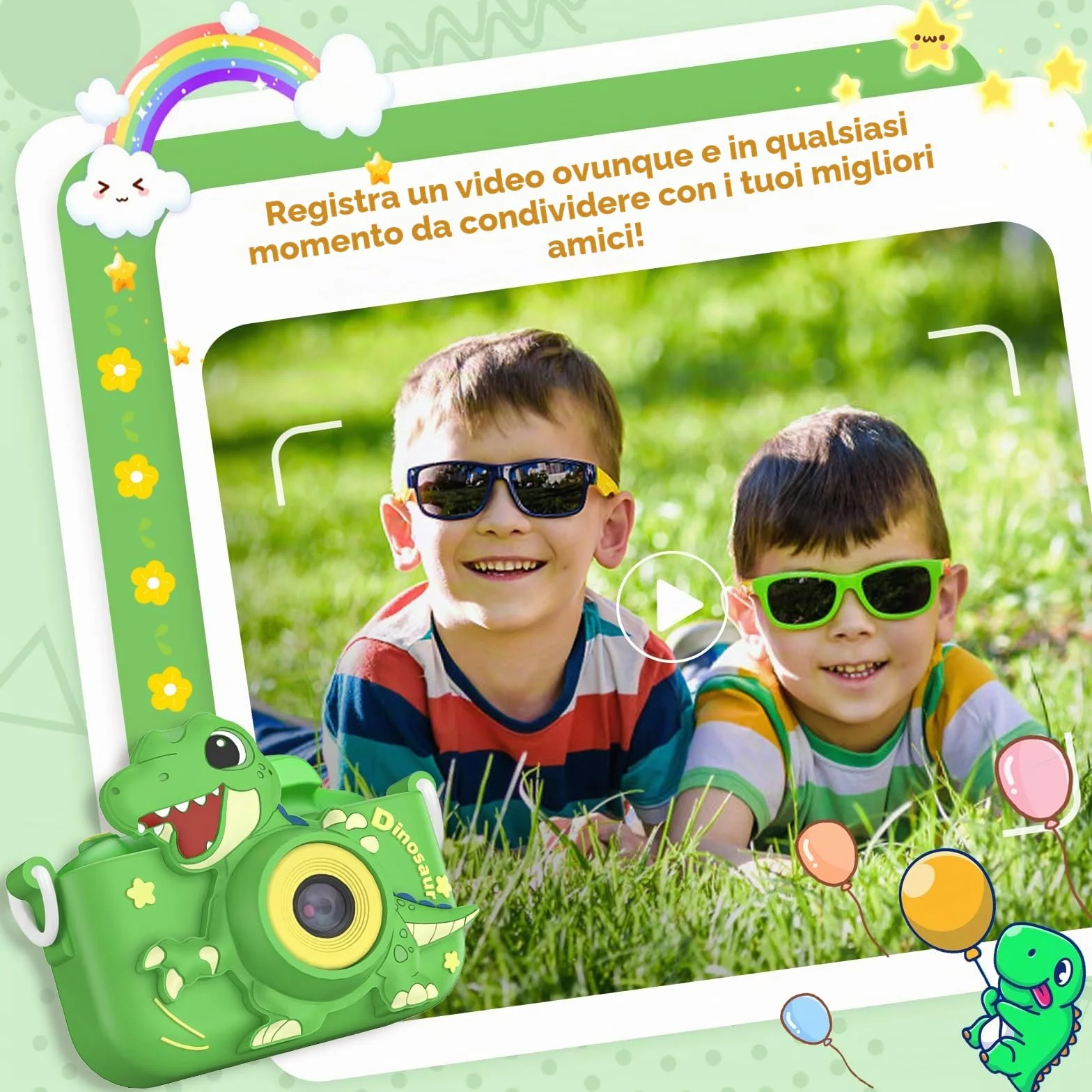 Macchina Fotografica Bambini 3-12 Anni, 48MP Digitale Fotocamera Bambini con Scheda 32 GB, Gioco Regali Natale & Compleanno per Bambino Bambina 3 4 5 6 7 8 9 10 Anni, Cappuccio di Dinosauro (Verde)