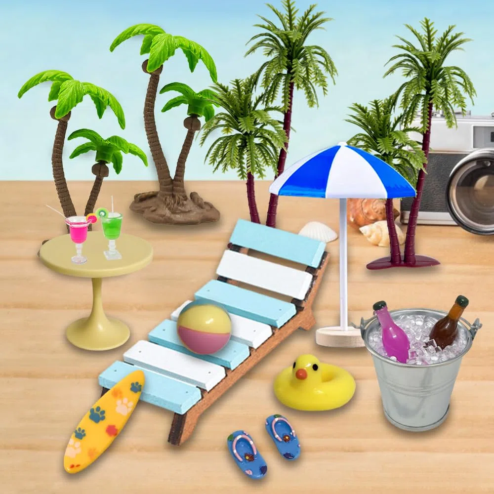 Golgner 11 pcs aaccessori decorativi in miniatura per sauna, set di ornamenti in miniatura, micro paesaggio da spiaggia, con mini sedia a sdraio, albero di cocco, per DIY della casa delle bambole