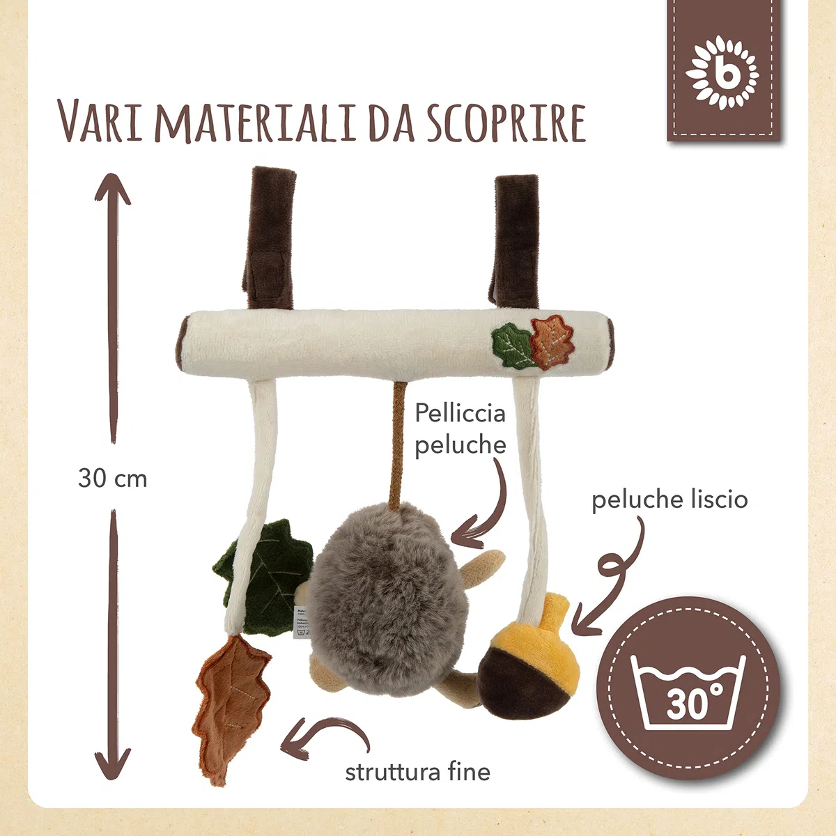 BIECO Catena per carrozzina a forma di riccio, ca. 30 x 21 cm, giocattolo maxi cosi, per lettino o box con ciondolo ad arco, gioco di attività, giocattolo mobile con anelli di presa