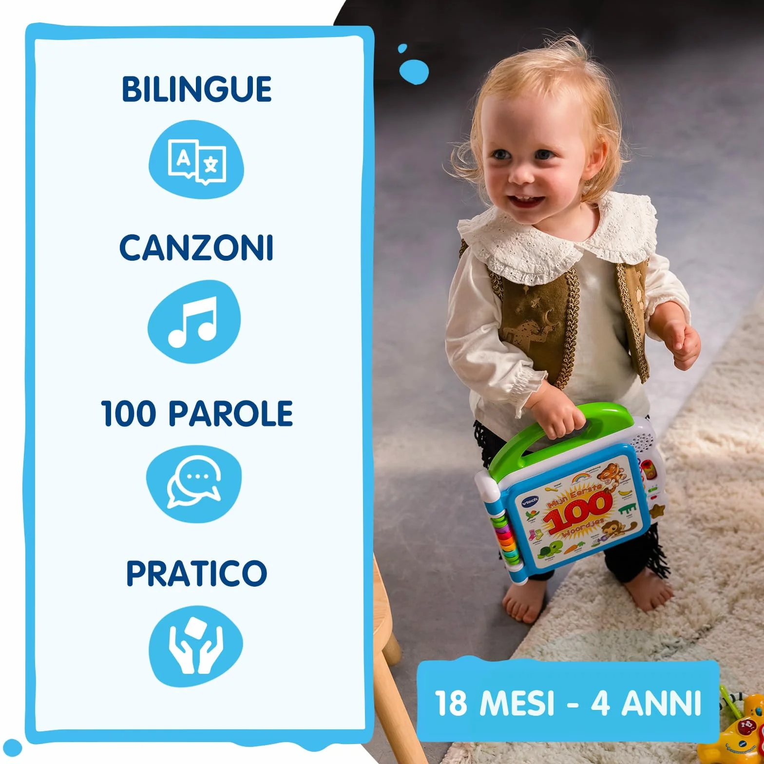 VTech Il Mio Primo Libro Illustrato - Le Mie Prime 100 Parole, Libro Bilingue Sensoriale per Bambini, Lingua Italiana e Inglese, Gioco Neonato con 3 Modalità, Batterie Incluse, 18 Mesi - 4 Anni
