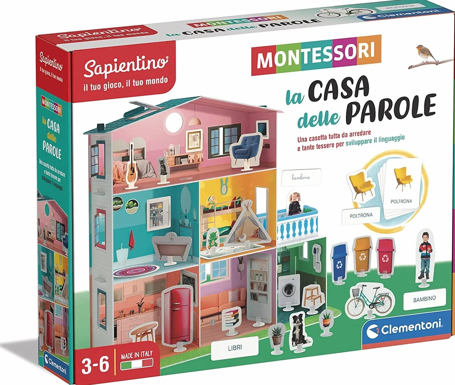 Clementoni Sapientino Montessori - La Casa delle Parole, Gioco Educativo con Tessere Illustrate, Metodo Montessoriano, Imparare Parole, Bambini 3-6 Anni, Made in Italy, Lingua Italiana, 16343