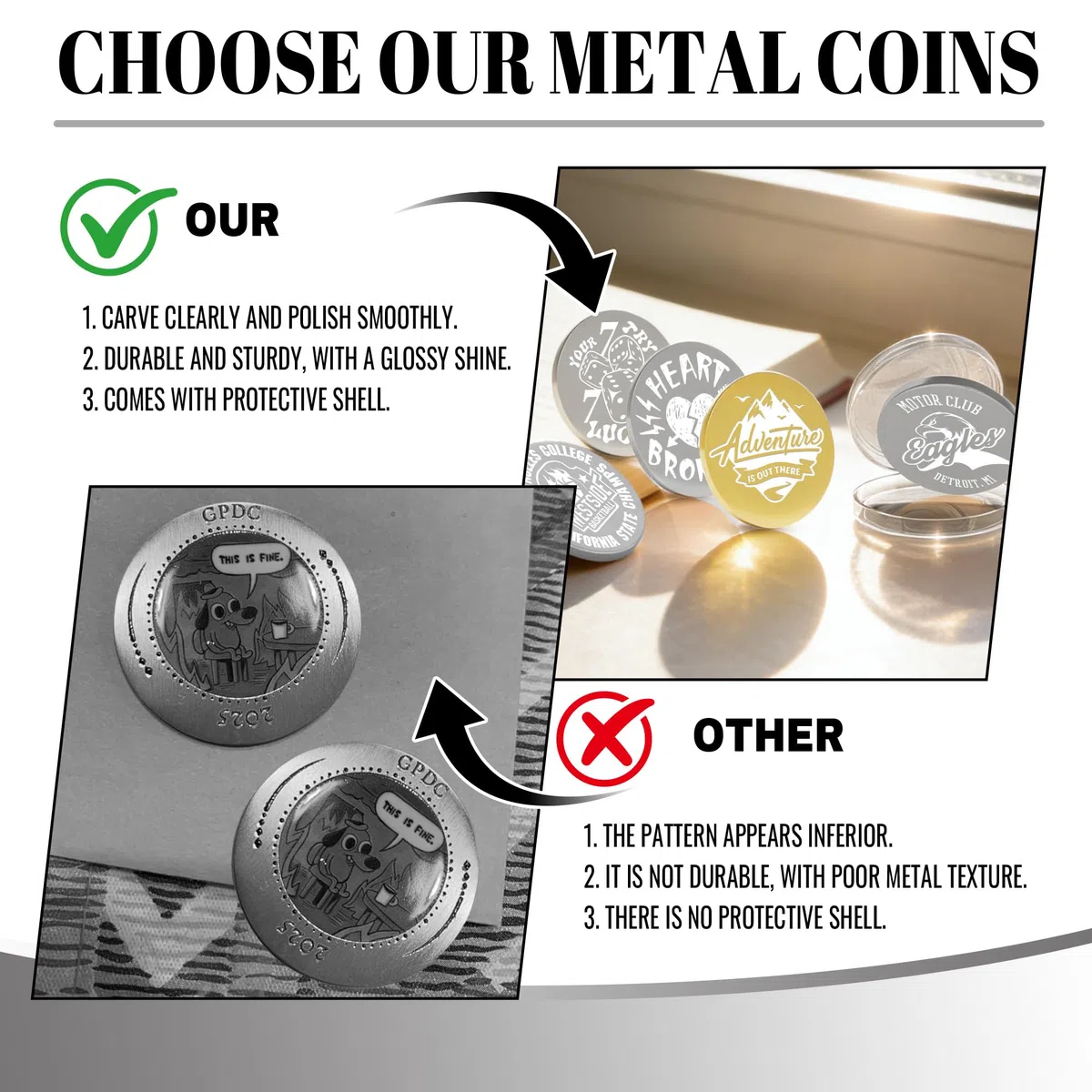 10-100 monete personalizzate in metallo per 3 colori, moneta Flip to Challenge personalizzata, incisione laser con foto/logo/testo, regalo commemorativo per fidanzato, fidanzata, marito, moglie