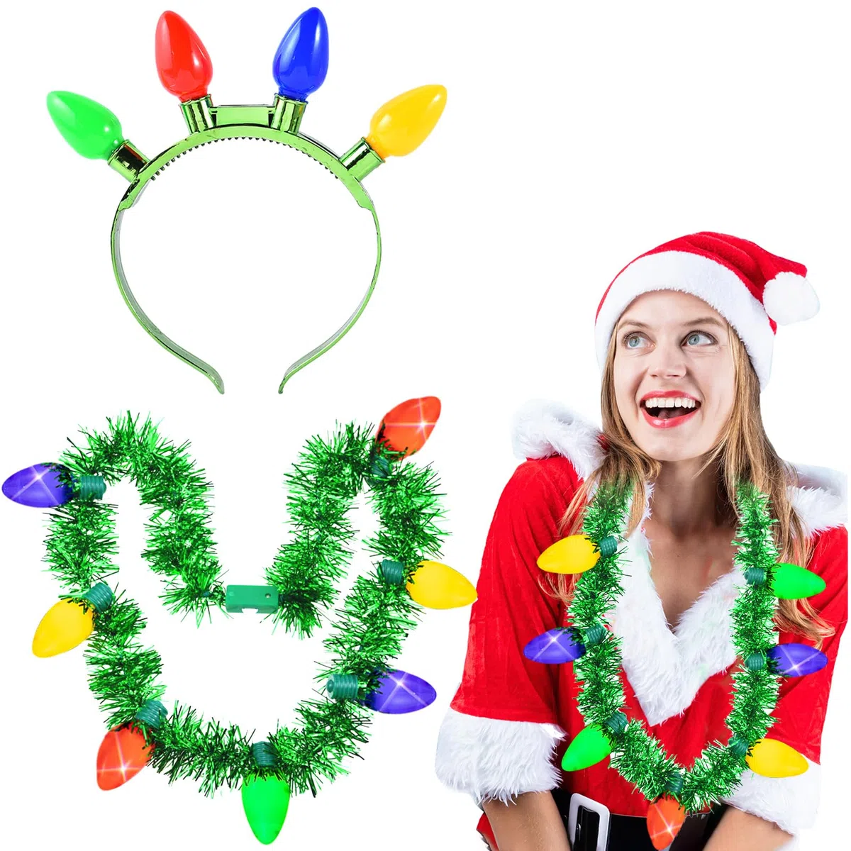 Hifot 2 Pezzi LED Cerchietto Natale Donna Bambina Costume Luminosa LED Collana Natale Lampadina con 3 Diverse modalità Flash Fascia per Capelli Feste di Natale