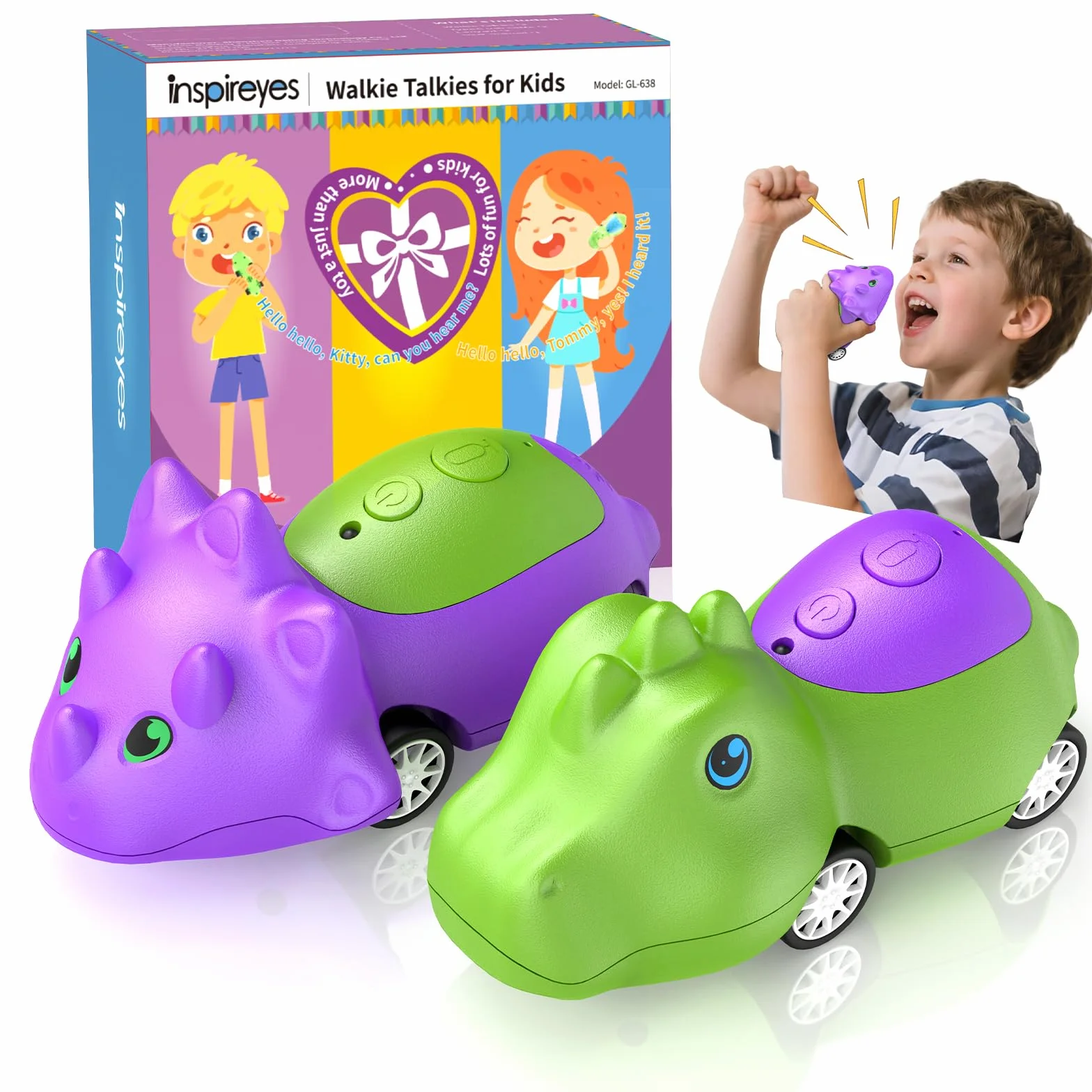 Inspireyes Walkie-Talkie Dinosauro per Bambini, Ricaricabili, Macchinine Giocattolo per Bambini e Bambine 3–7 Anni, Divertente Interno ed Esterno, Regalo di Compleanno e Natale per Bambini, Set da 2