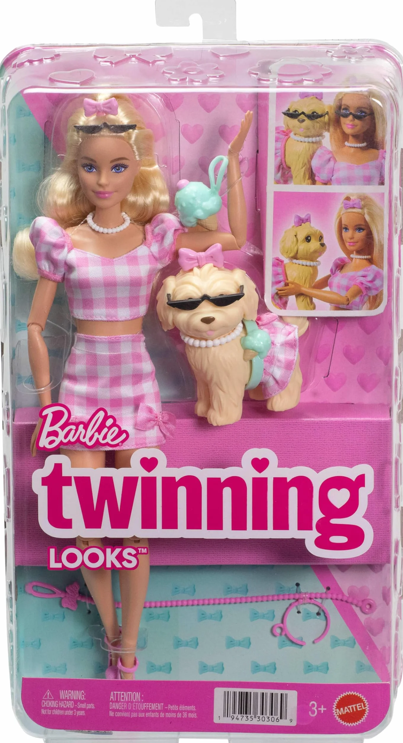 Barbie - Twinning Looks, bambola bionda e cagnolino in abiti rosa a quadretti abbinati, accessori per entrambi, occhiali da sole, collane e fiocchi, giocattolo per bambini, 3+ anni, JFP36