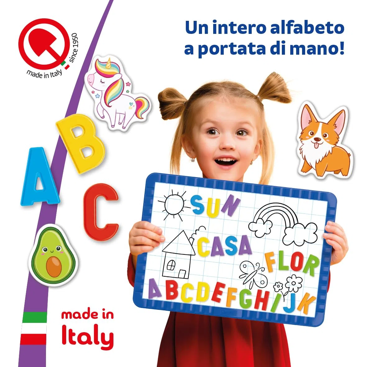Quercetti Magnetino Letters Lavagna per Bambini 4-8 Anni con Lettere Magnetiche per Bambini, Lavagna Cancellabile con Piedini, Giochi Educativi, Made in Italy