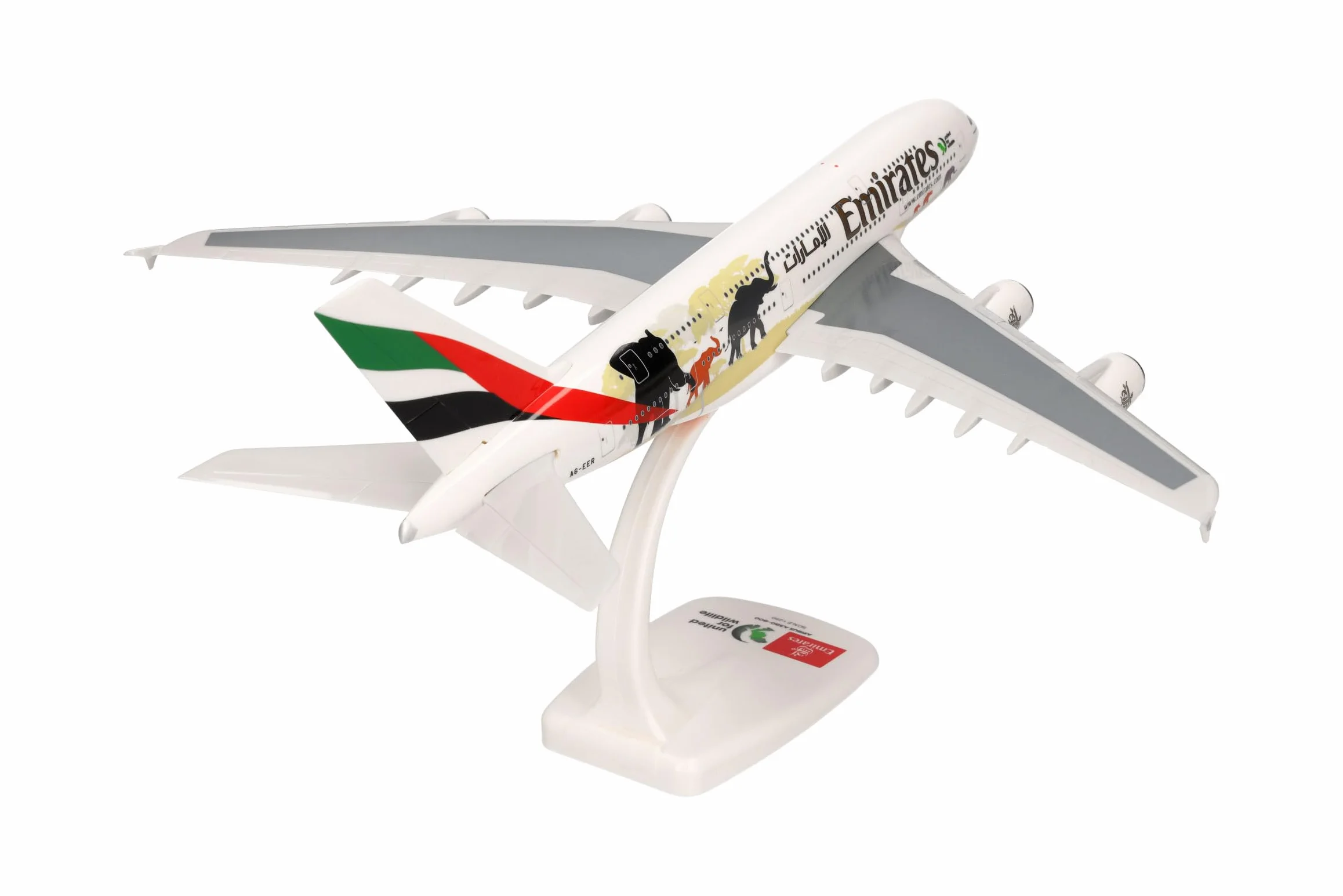 herpa modello di aereo Emirates Airbus A380 United for Wildlife (No.2), in scala 1:250 - Snap-Fit, pezzo da collezione, miniatura deco, statuetta con supporto in plastica