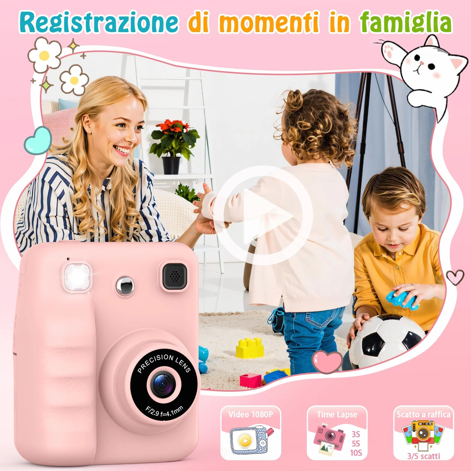 Macchina Fotografica Bambini Istantanea, 2.4" HD Fotocamera Bambini Regalo Bambina 3-10 Anni Macchina Fotografica Digitale Giochi Bambina 3-8 Anni Fotocamera Istantanea Regalo Natale