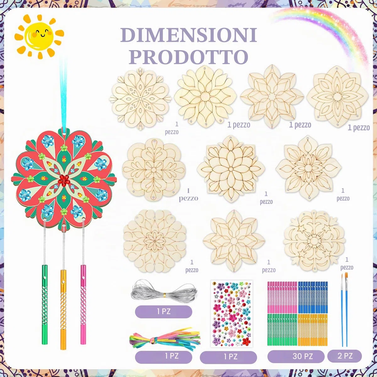 SRIZIAN 10 Kit per Attività creative con il Legno per bambini, Campanelli a Vento per Bambini, Lavoretti Creativi Giocattoli per Decorazione Artigianale Fai Da Te- Mandala