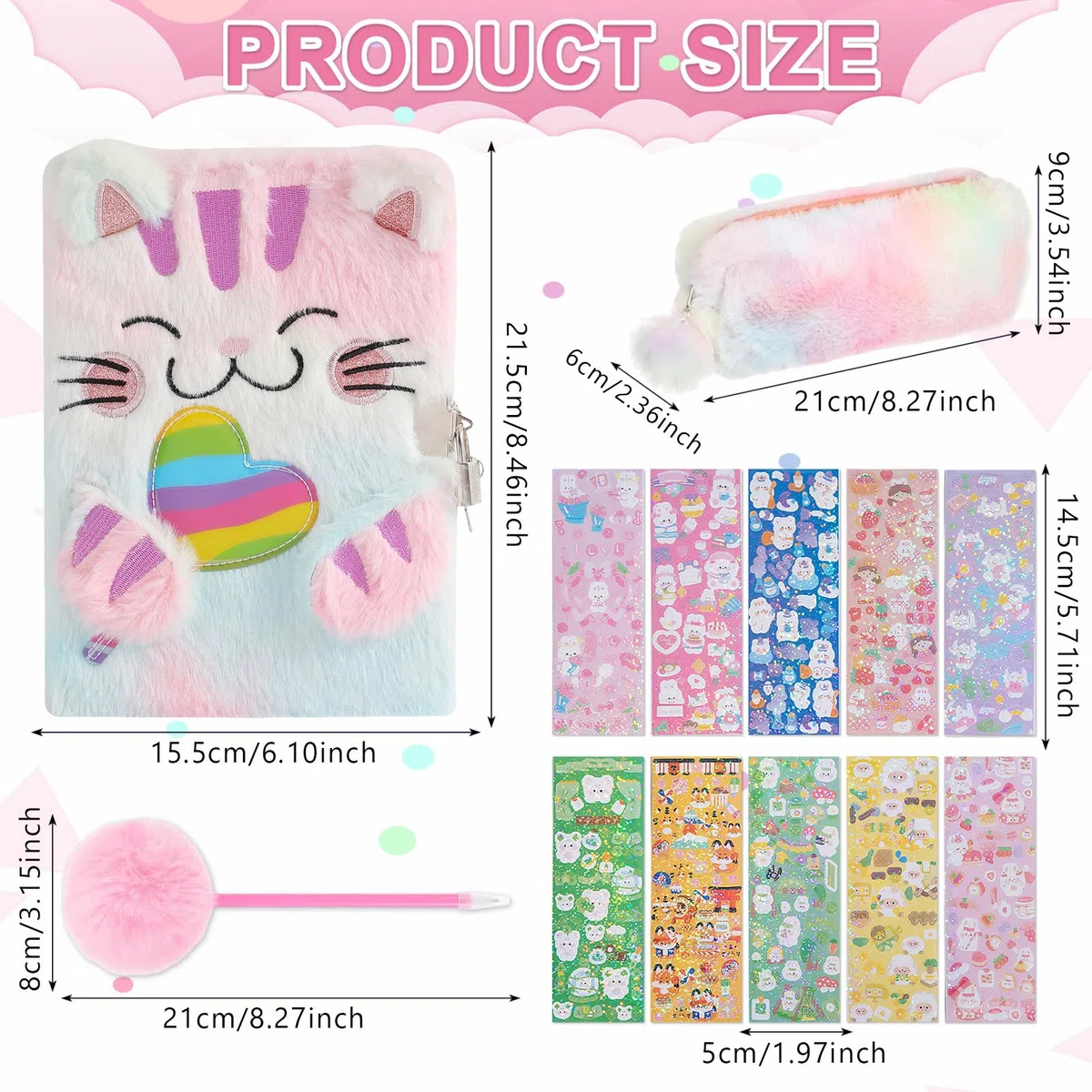 diario Segreto con Lucchetto per Bambina A5 con Penna Peluche Rosa + Adesivi + Astuccio + quaderno Peluche Gatto Regalo per Ragazze Natale Compleanno Scuola