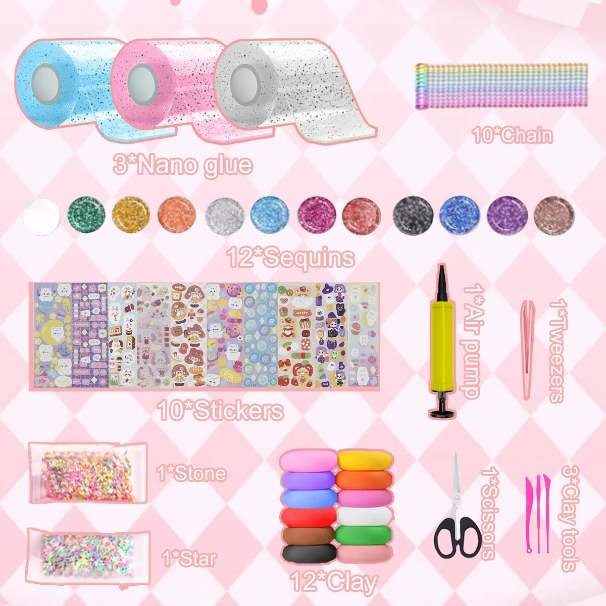 FFTANXS Set di 53 nanotape (5 cm x 3 m) + 50 pacchetti materiali deluxi, nano-band per alleviare lo stress e il divertimento, set di bolle per ragazze e ragazzi, feste (rosa + blu + bianco)